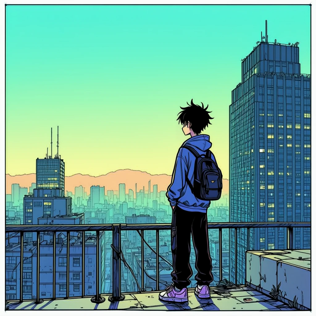 A color line drawing a manga fanboy, standing on a rooftop in the city.
neomngaCE_style