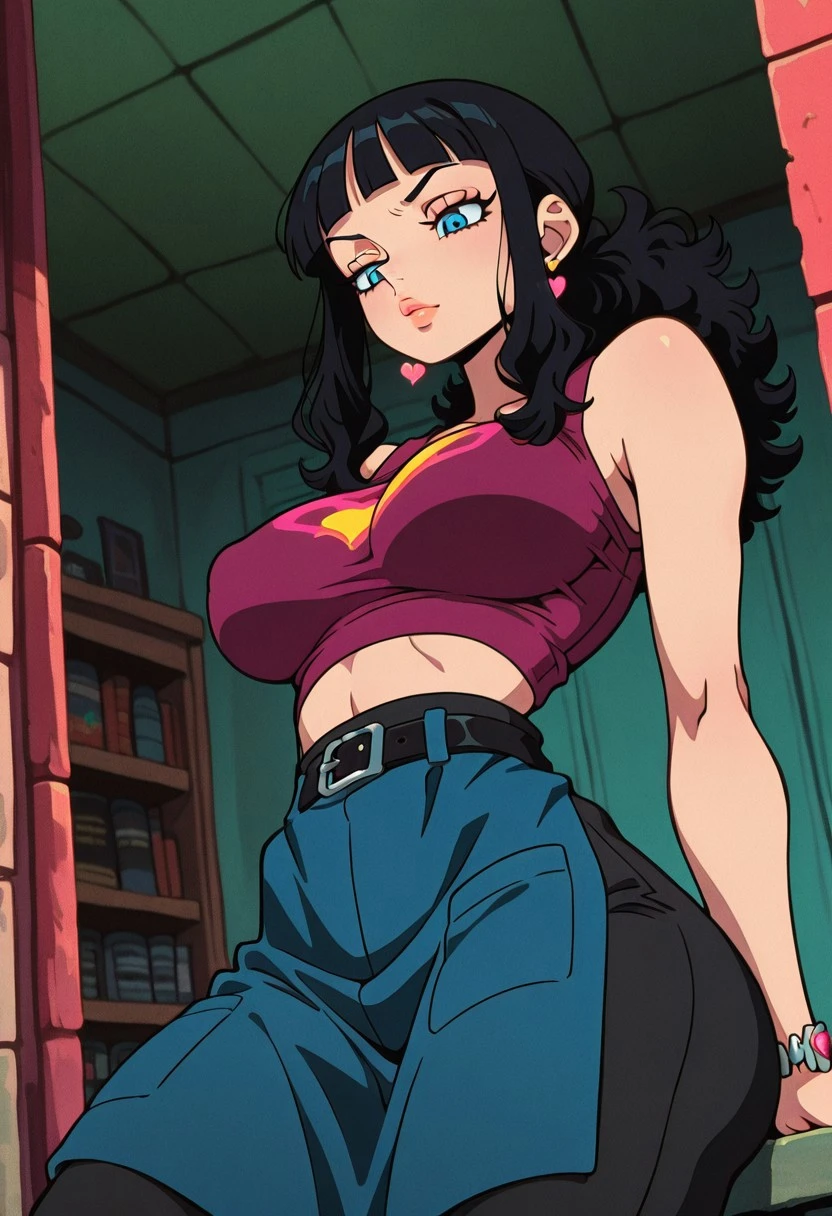 BookstorePartTimerOP, 1girl, solo, black hair, long hair, blunt bangs, blue eyes, lips, heart earrings, makeup, jewelry, large breast, thick thighs, purple crop top, navel, midriff, groin, blue apron, pants, bracelet, belt, sleeveless,
masterpiece, best quality, fine details, intricate details, depth of field, subsurface scattering, bokeh, ultra-detailed, very aesthetic, detailed background, newest, scenery, highres, absurdres, colorful, vibrant, glowing, perfect face, 2d, perfect eyes, vibrant saturated colors, volumetric lighting, sharp, detailed eyes, perfect anatomy, perfect face, perfect eyes, mature body, clear eyes, beautiful eyes, athletic, curvy body, athletic girl, perky tits, perfect tits, round breasts, pinup pose, teasing, lustful expression, perfect hands,
muscular female, dutch angle, dynamic pose,
,Smooth Negative, Smooth_Quality,
film grain, retro artstyle,1990s \(style\)