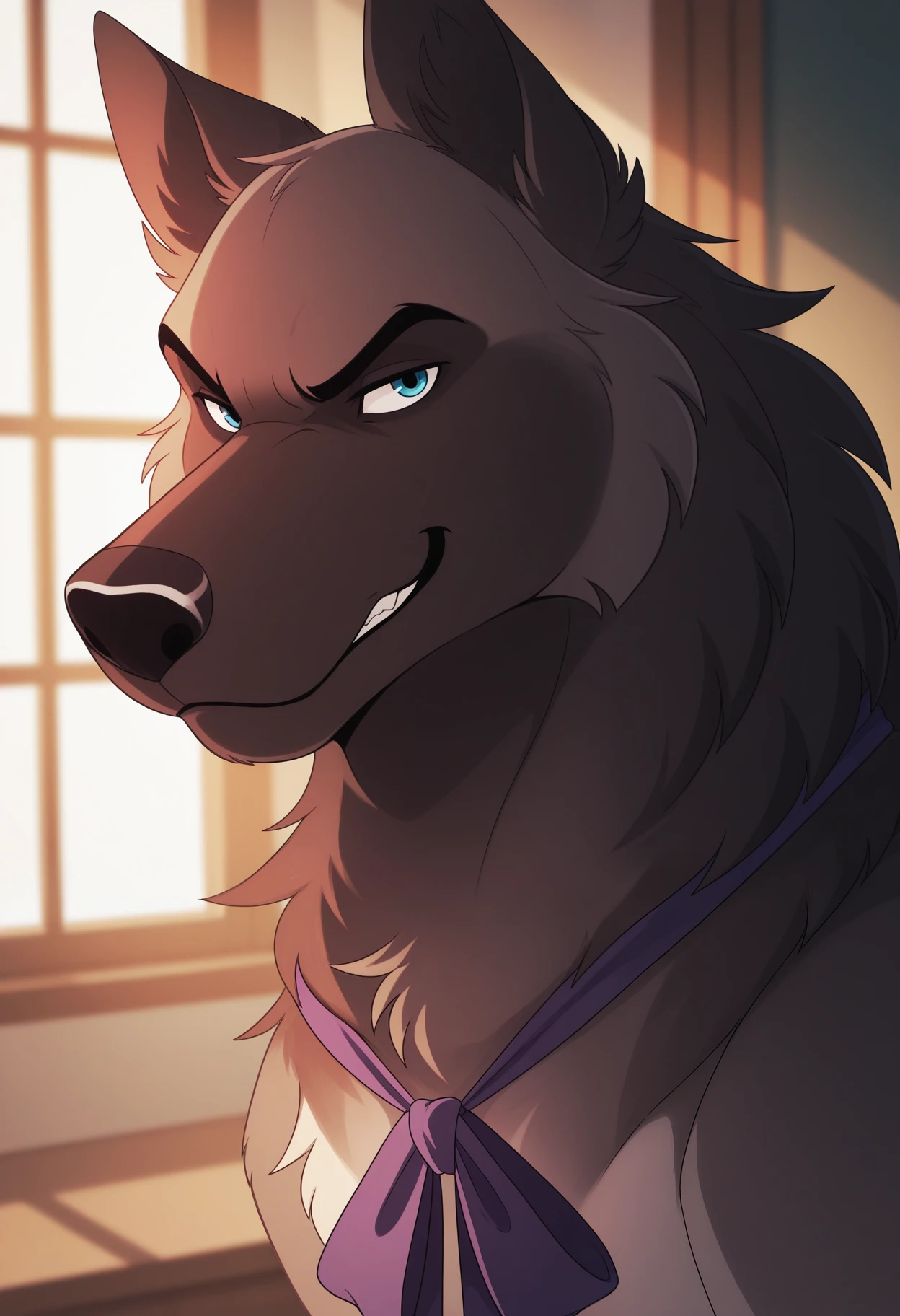 masterpiece,best quality,amazing quality, 1boy, solo, b4lt4z4r, dog, multicolored fur, blue eyes, purple neck ribbon, close up, side angle, smirk, looking at viewer,