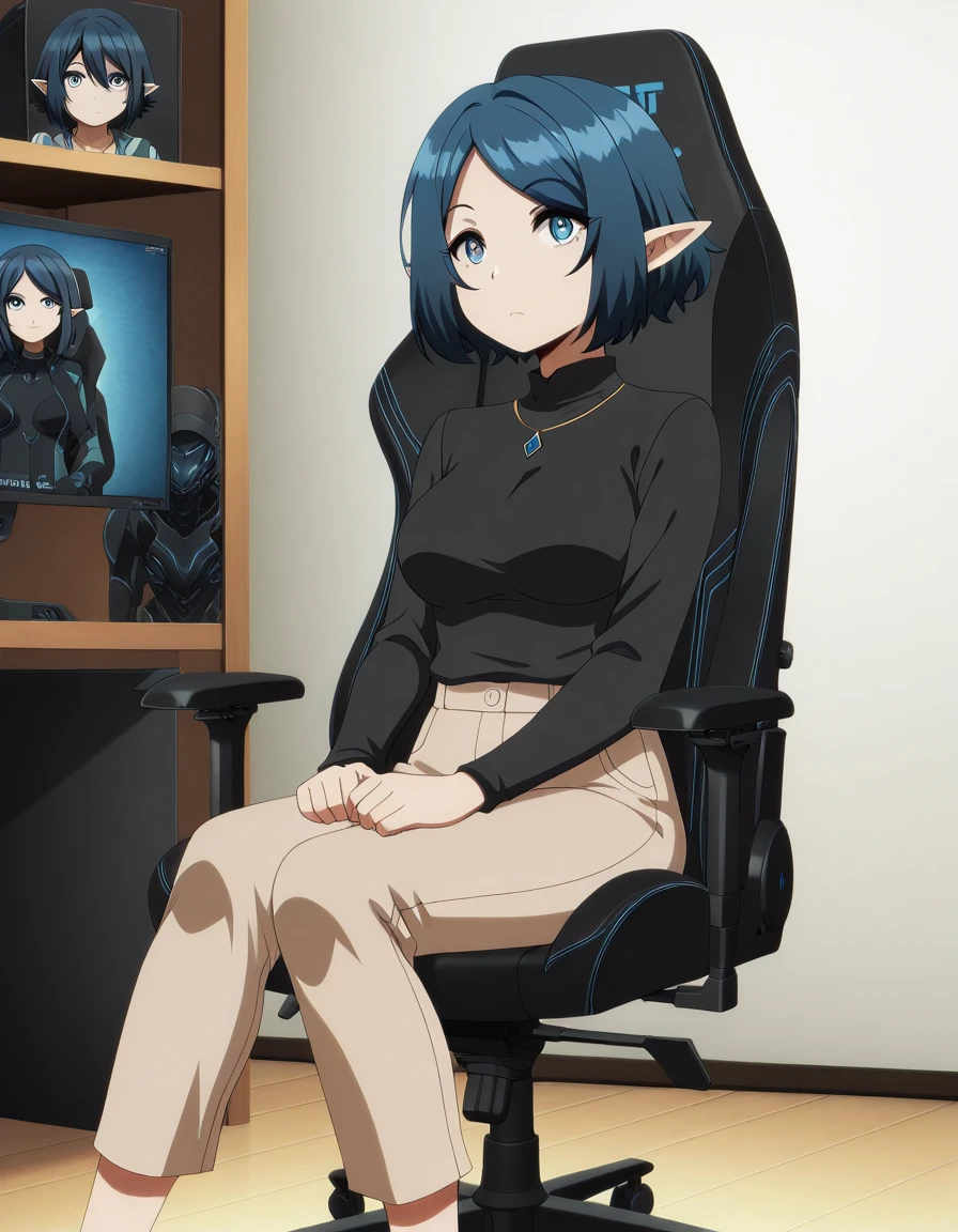 masterpiece, best quality, amazing quality,, <lora:no664-s1-illustriousxl-lora-nochekaiser:1>, no664, short hair, blue eyes, blue hair, pointy ears, elf, mature female, medium breasts, anime screencap, <lora:secretlab-chair-illustriousxl-lora-nochekaiser:1>, secretlab chair, chair, office chair, gaming chair, sitting, feet out of frame,, ,