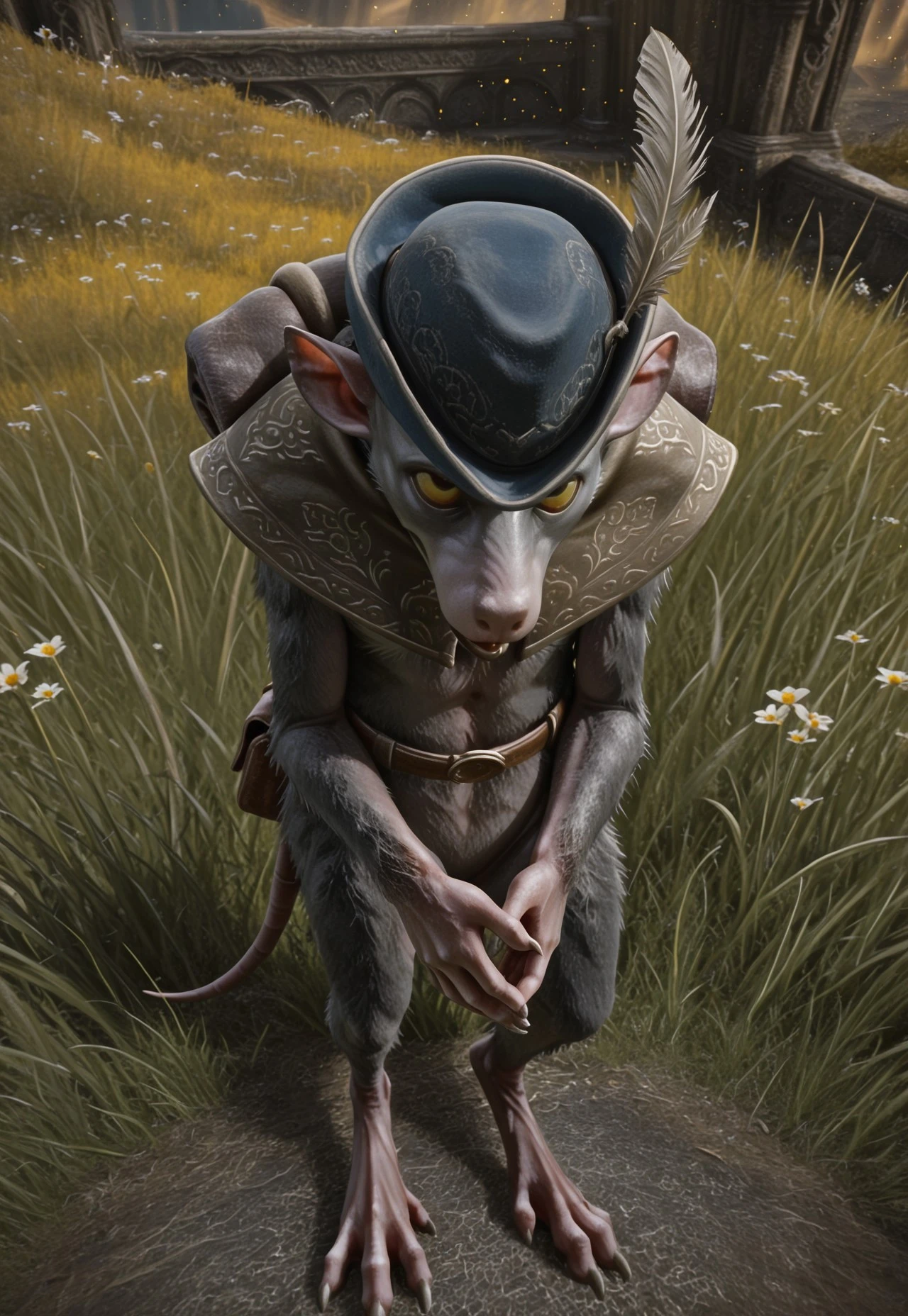 solo, 1boy, male focus, box_eldenring, yellow sclera, yellow eyes, buck teeth, fang, pointy ears, body fur, grey fur, masterpiece, highres, ultra-detailed, absurdres, photorealistic, 3d, amazing quality, best quality, newest, blue hat, hat feather, capelet, full body, belt, pouch, bottomless, no penis, short tail, rat tail, looking up, head down, parted lips, frown, own hands together, elbow tuft, backpack, bag, standing, slouching, patterned clothes, finger claws, toe claws, digitigrade, sharp fingernails, from above, high-angle view,
BREAK
detailed background, scenery elden_ring, bloom, light particles, grass, flowers, atmospheric perspective, perfect lighting,
