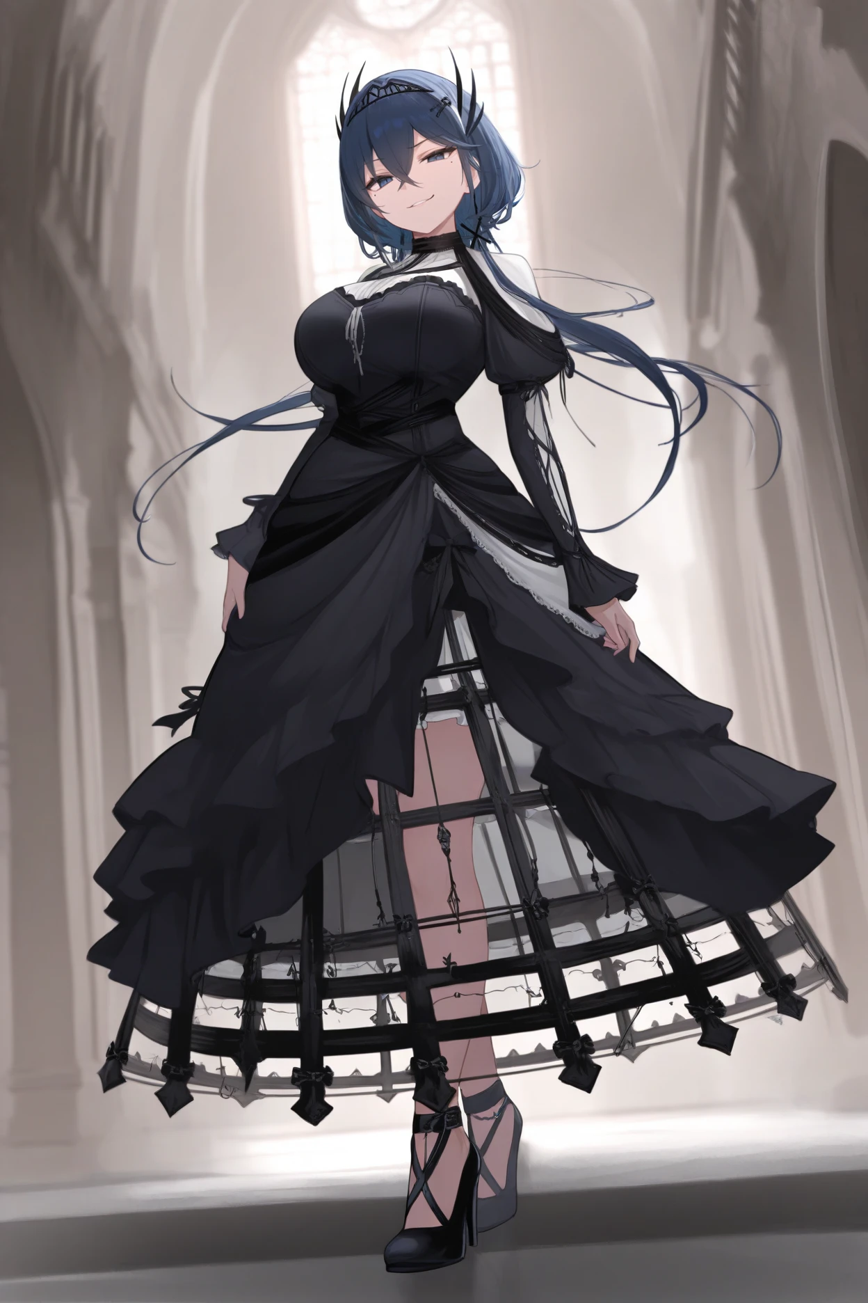 masterpiece, best quality, 1girl, solo, <lora:cantabile-illu-nvwls-v1-000007:1> ctbl, dark blue hair, dark blue eyes, hair between eyes, mole under eye, long hair, hair ornament, hairband, gothic dress, crinoline, black dress, looking at viewer, smirk, black tiara, gothic architecture, large breasts, high heels, full body, standing