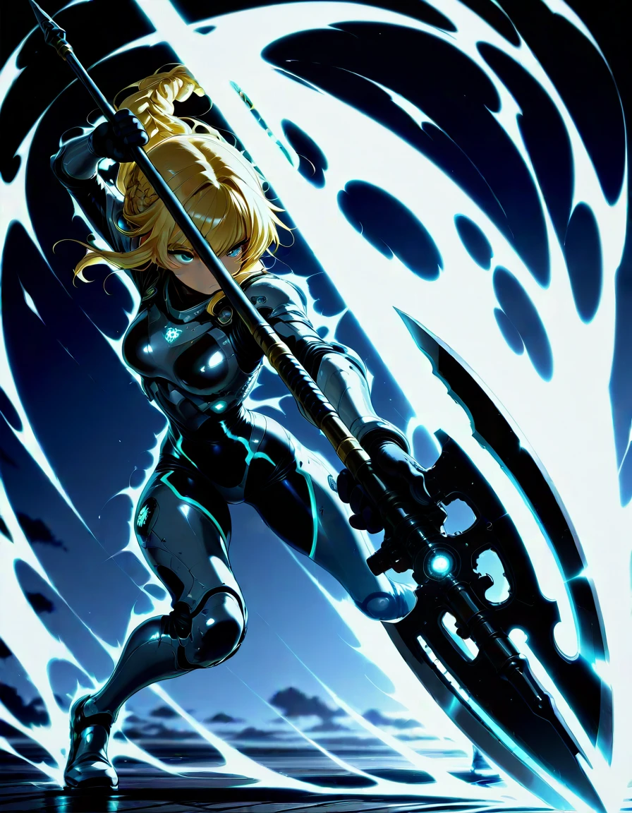 masterpiece, best_quality, very_aesthetic, highres, absurdres, ultra detailed,
<lora:negXL:0.5>
<lora:KIRAKIRA_IL_MIX_V04:1.4> kirakira, glowing,aura
1girl, fighting stance, holding weapon, holding polearm,
Ash Blonde dutch braid
(Adaptive Nanotech Armor:1.3), A suit that utilizes nanotechnology to adapt to different situations, providing specific enhancements as needed. Seen in "Black Panther" (2018).