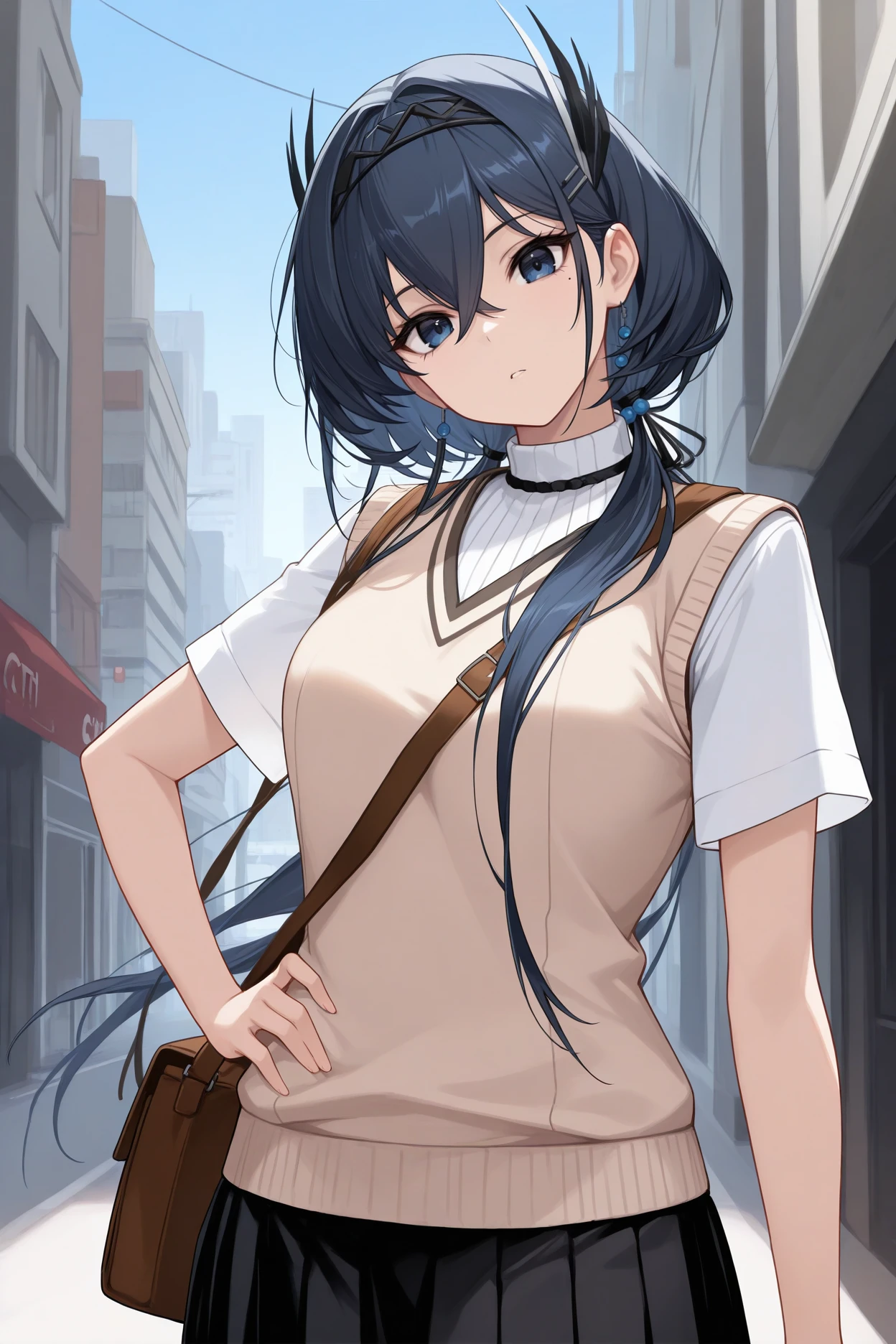 masterpiece, best quality, 1girl, solo, <lora:cantabile-illu-nvwls-v1-000007:1> ctbl, dark blue hair, dark blue eyes, hair between eyes, mole under eye, long hair, hair ornament, hairband, beige sweater vest, white shirt, short sleeves, black skirt, pleated skirt, looking at viewer, hand on hip, messenger bag, head tilt, blue sky, city street