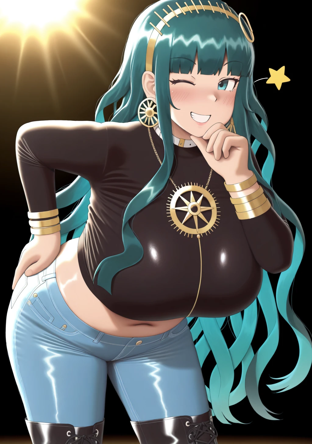 masterpiece, best quality, absurdres, perfect lighting,shiny skin,detailed,<lora:ryokuchamichi_illu2:1>,ryokucha michi,1girl,huge breasts,fit,cleopatra \(fate\),crop top,jeans,lace-up boots,hand on own hip, hand on own chin, wink star, grin,simple background, cowboy shot, leaning forward,