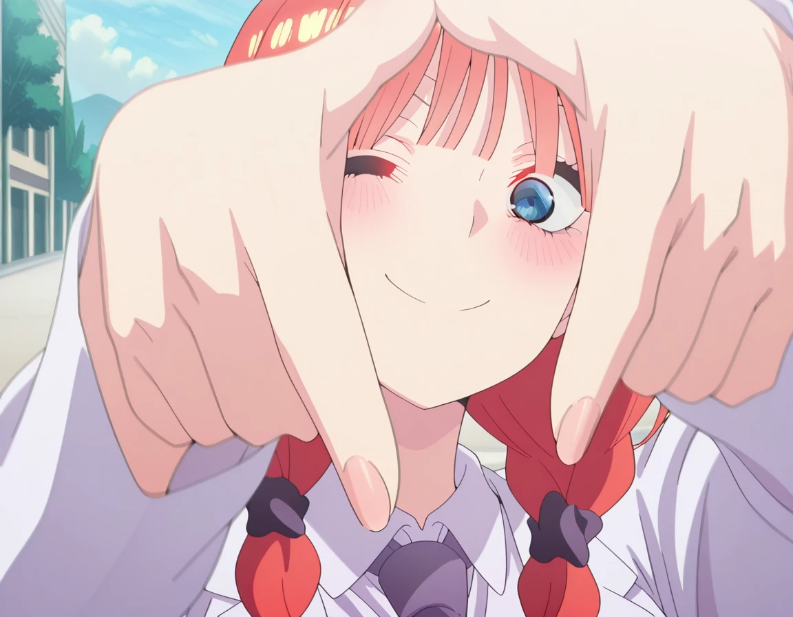 masterpiece, best quality, amazing quality,, <lora:nino-nakano-honeymoon-illustriousxl-lora-nochekaiser:1>, nino nakano, bangs, blue eyes, twintails, pink hair, braid, blunt bangs, twin braids, mature female, breasts, anime screencap, <lora:yoshikage-kira-finger-frame-illustriousxl-lora-nochekaiser:1>, yoshikage kira finger frame, finger frame, hands up, outstretched arms, foreshortening, solo, looking at viewer, smile, upper body, outdoors, necktie, one eye closed, parody, meme,, , ,