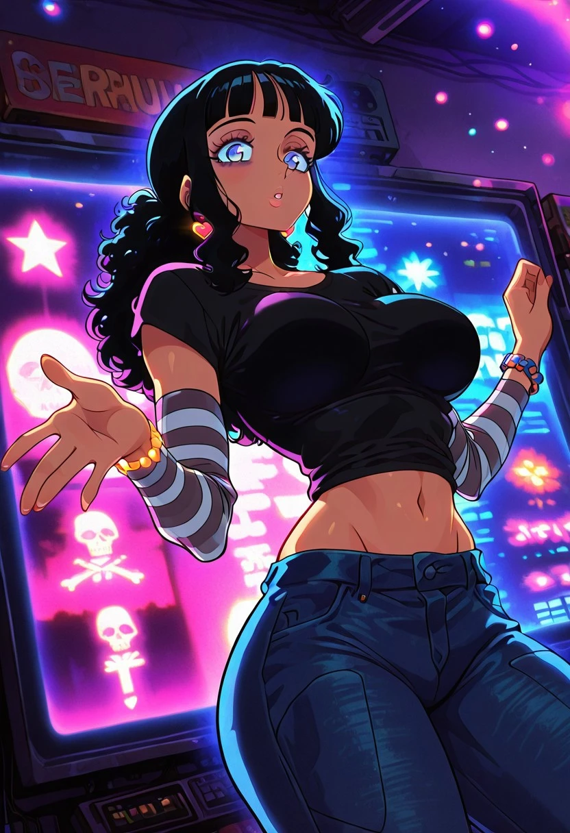 BookstorePartTimerOP, 1girl, solo, black hair, long hair, blunt bangs, blue eyes, lips, heart earrings, makeup, jewelry, large breast, thick thighs, bags under eyes, bracelet, black shirt, striped sleeves, navel, midriff, groin, blue apron, denim pants, belt,
masterpiece, best quality, fine details, intricate details, depth of field, subsurface scattering, bokeh, ultra-detailed, very aesthetic, detailed background, newest, scenery, highres, absurdres, colorful, vibrant, glowing, perfect face, 2d, perfect eyes, vibrant saturated colors, volumetric lighting, sharp, detailed eyes, perfect anatomy, perfect face, perfect eyes, mature body, clear eyes, beautiful eyes, athletic, curvy body, athletic girl, perky tits, perfect tits, round breasts, pinup pose, teasing, lustful expression, perfect hands,
muscular female, dutch angle, dynamic pose,
,Smooth Negative, Smooth_Quality,
retro_celestial_scifi, retro artstyle