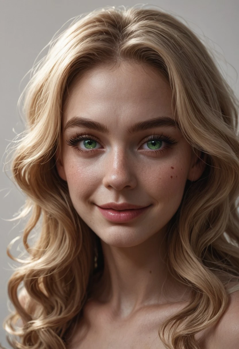 score_9, score_8_up, score_7_up, BREAK 1girl, close-up, portrait, captivating gaze, emerald green eyes, long wavy blonde hair, smooth and flawless porcelain skin, symmetrical features, soft blush on cheeks, small and well-defined nose, full and glossy pink lips, slightly parted, long eyelashes, arched eyebrows, delicate jawline, subtle and natural makeup, charming and inviting smile, realistic lighting, high detail, simple background