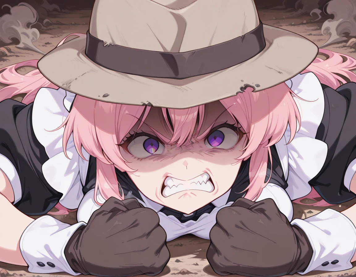 masterpiece, best quality, amazing quality,, <lora:CivChan:1>, CivChan, purple eyes, pink hair, mature female, breasts, maid headdress,, <lora:joseph-joestar-son-of-a-bitch-illustriousxl-lora-nochekaiser:1>, joseph joestar son of a bitch, solo, gloves, hat, teeth, clenched teeth, meme, shaded face, angry, clenched fists, fedora, on floor, dirt, steam,, , ,