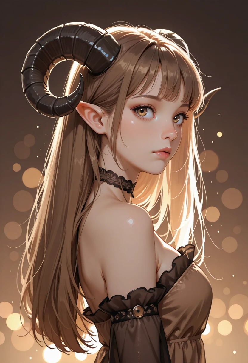 1girl, horns, solo, long hair, pointy ears, looking at viewer, brown hair, bare shoulders, , upper body, sheep horns, , light brown eyes, dress, choker, curled horns, straight hair, breasts,, detached sleeves, , brown dress, nose, from side, , , brown hair, , eyelashes, , see-through, hazel eyes, looking to the side, strapless dress, demon girl, light particles, brown background, bangs, , backlighting, gradient background, bokeh,