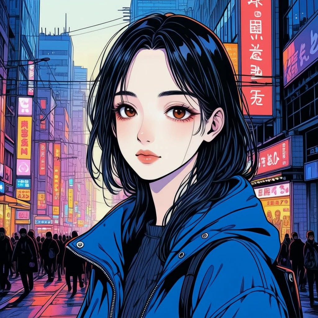 An atmospheric painting.
Closeup of a pretty manga woman in the city.
neomngaCE_style