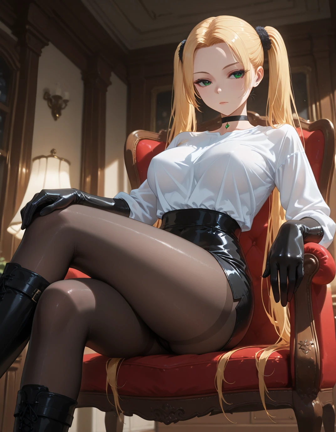 ((Best Quality)), ((Masterpiece)), Long Pencil Skirt, Shirt, Puffy Nipple, Full Body, Squat, Blonde, Pin Heels, Crotch Open