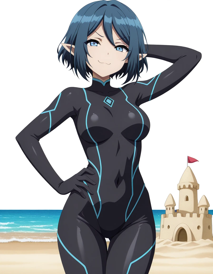 masterpiece, best quality, amazing quality,, <lora:no664-s1-illustriousxl-lora-nochekaiser:1>, no664, short hair, blue eyes, blue hair, pointy ears, elf, mature female, medium breasts, anime screencap, bodysuit, black bodysuit,, smug, hand on own hip,, beach, sand castle, swimsuit, summer vacation, ocean wave, hands behind head, cowboy shot, solo, looking at viewer, <lora:transparent-background-illustriousxl-lora-nochekaiser:1>, transparent background, simple background, white background