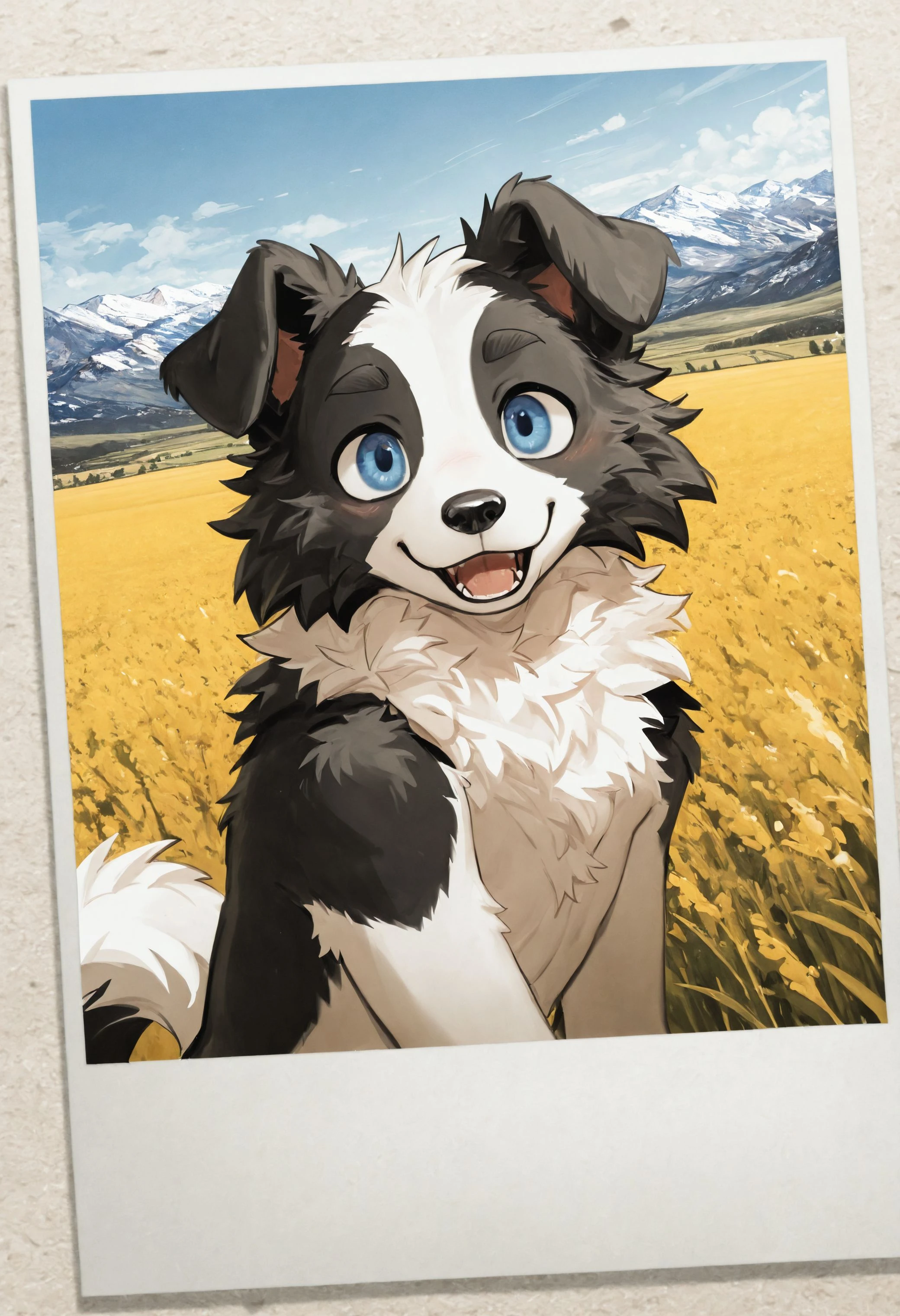best quality, amazing quality, very aesthetic, absurdres, hires, newest, by dr_kiyo, male furry, furry, 1boy, solo, dog boy, border collie, blue eyes, happy, dutch angle, field, mountains, detailed background, polaroid photo, <lora:Dr.Kiyo_style_Illustrious:1>