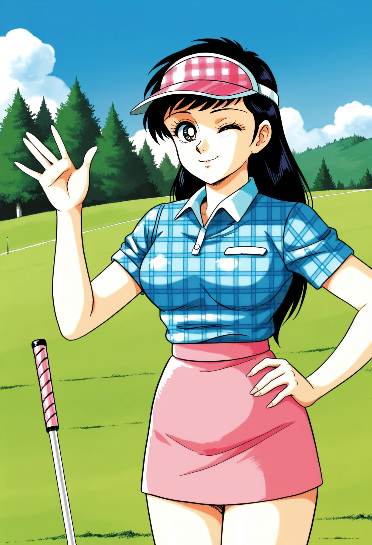 1girl,solo,mm,mature female,long hair,retro artstyle,black hair,
visor cap,plaid shirt,miniskirt,blue shirt,pink skirt,outdoors,golf,hand on own hip, waving, one eye closed, smile,looking at viewer,
,masterpiece,best quality,amazing quality,<lora:Mitsuko_Jubei_Yagyu-Harenchi_Gakuen-IL:0.8>