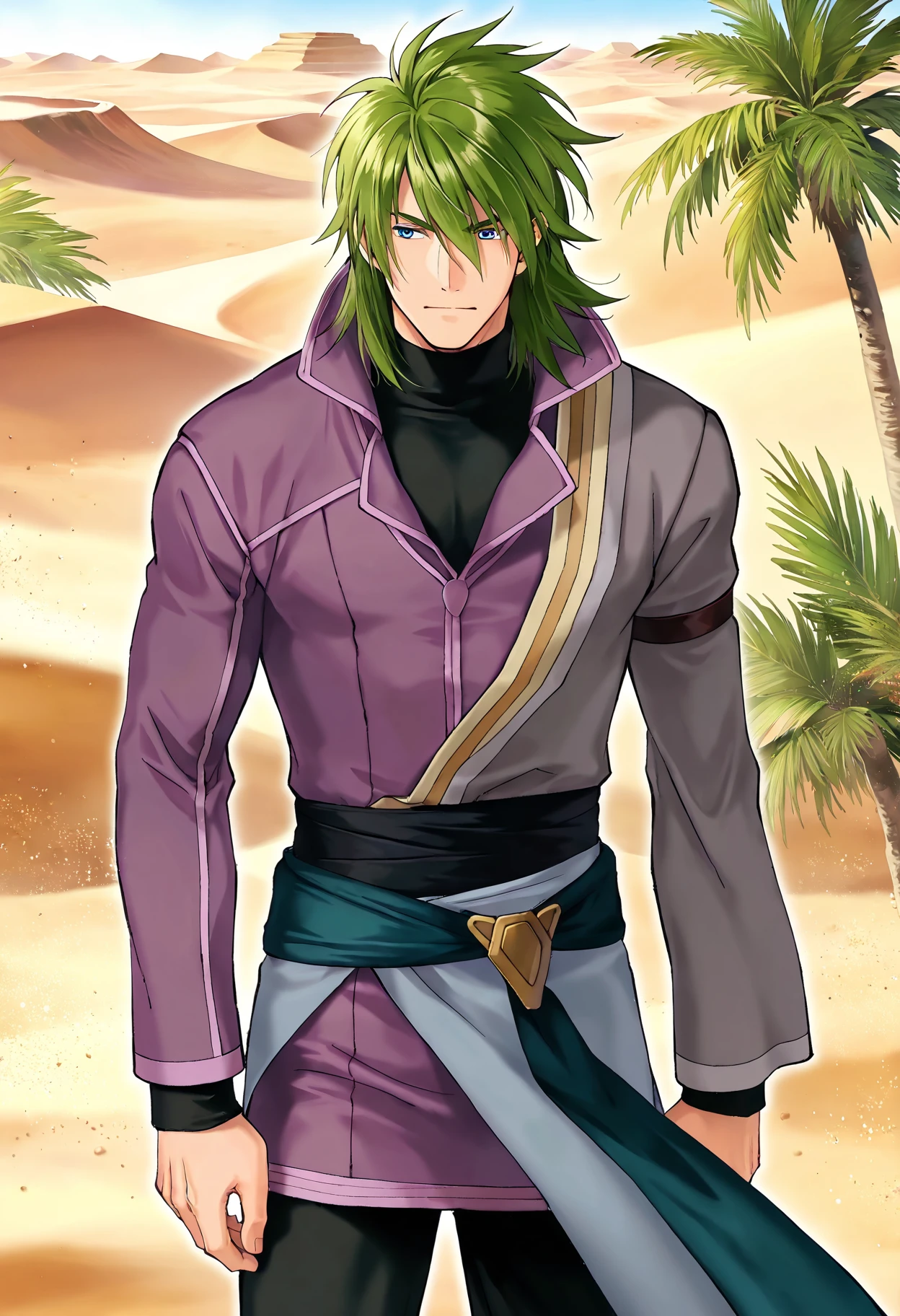 score_9, score_8_up, score_7_up, source_anime, official artstyle, anime screencap, highly detailed,1boy, solo, male focus, perfect composition, good shading, masterpiece, masterwork, best quality, absurdres, hyper-detailed, 8k uhd:1.2, amazing quality, very aesthetic, high resolution, ultra-detailed, newest, official art, 1boy, solo, male focus, outdoors, desert, oasis, leaning against palm tree, purple and grey coat, black pants, stefan,((adult)),green hair,bangs,blue eyes