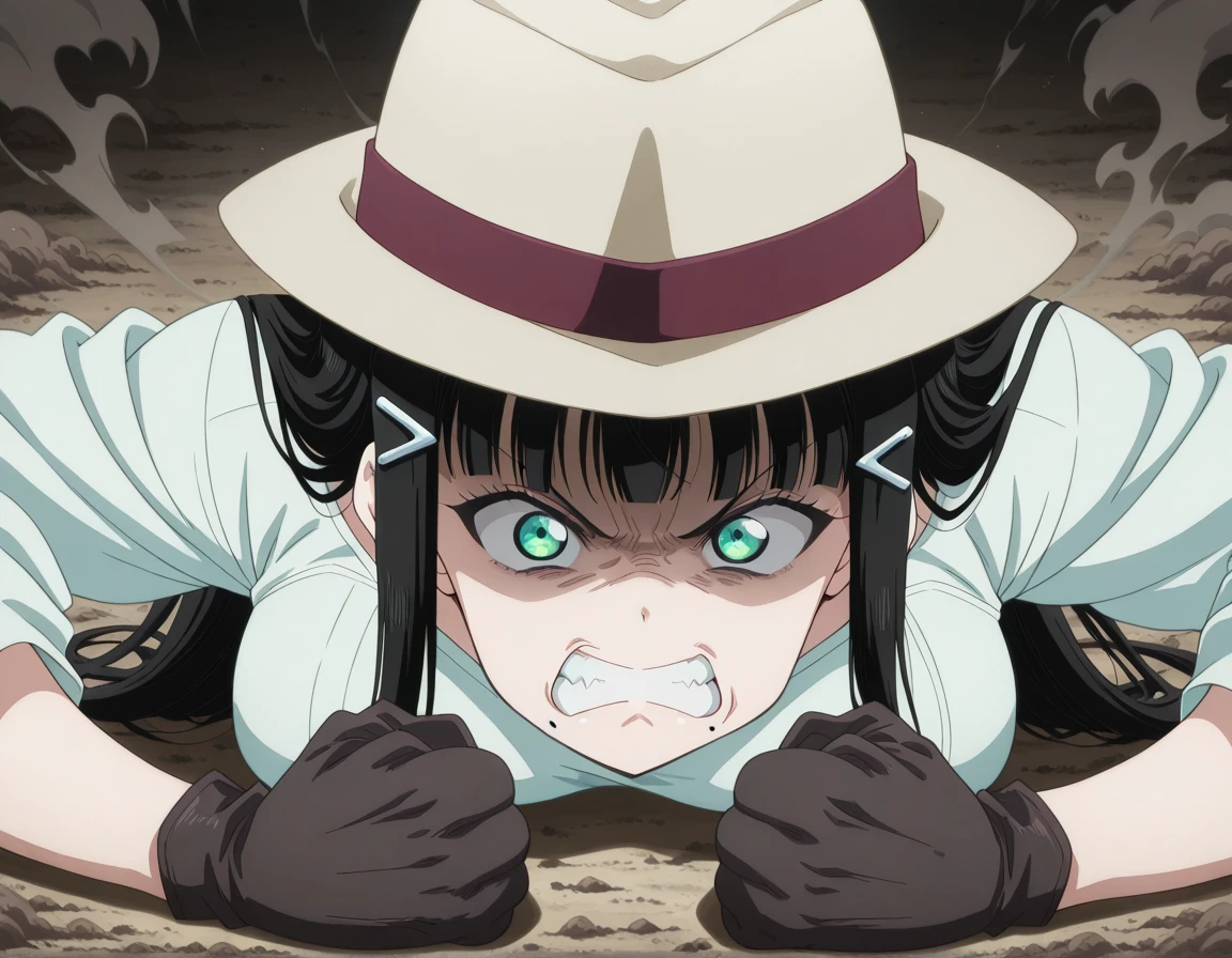 masterpiece, best quality, amazing quality,, <lora:dia-kurosawa-s2-illustriousxl-lora-nochekaiser:1>, dia kurosawa, long hair, bangs, black hair, hair ornament, green eyes, sidelocks, hairclip, blunt bangs, mole, mole under mouth, breasts, mature female, anime screencap, <lora:joseph-joestar-son-of-a-bitch-illustriousxl-lora-nochekaiser:1>, joseph joestar son of a bitch, solo, gloves, hat, teeth, clenched teeth, meme, shaded face, angry, clenched fists, fedora, on floor, dirt, steam,, , ,