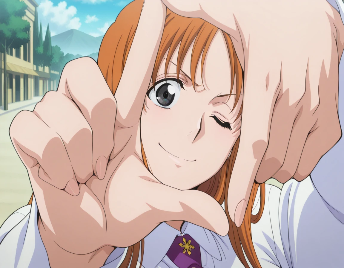 masterpiece, best quality, amazing quality,, <lora:inoue-orihime-s1-illustriousxl-lora-nochekaiser:1>, inoue orihime, orihime inoue, long hair, orange hair, black eyes, mature female, breasts, anime screencap,, <lora:yoshikage-kira-finger-frame-illustriousxl-lora-nochekaiser:1>, yoshikage kira finger frame, finger frame, hands up, outstretched arms, foreshortening, solo, looking at viewer, smile, upper body, outdoors, necktie, one eye closed, parody, meme,, , ,
