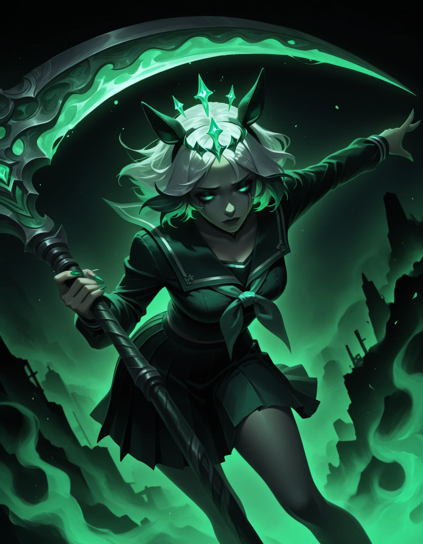 1girl, special week \(umamusume\), green fake ears, green hair, white hair, multicolored hair, green flames, ru1n3d-style, (traditional media \(artwork\), painterly), ethereal, (floating tiara) serafuku,dutch angle, pleated skirt, ornate clothing, pose, green theme, green fingernail, holding scythe, leaning forward, contrapposto, sad, runny makeup, beckoning <lora:RuinedILXL:1.3> masterpiece, best quality, very aesthetic, newest