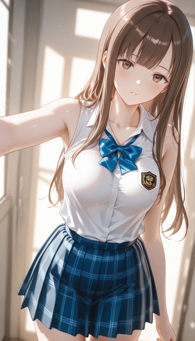 <lora:LCMTurboMix_Euler_A_fix:1> <lora:example_SDXL:0.3>, EZRealPONYXL, <lora:Dramatic Lighting Slider:3>
DSLR,realistic,cosplay photo, (very awa,masterpiece,best quality,year 2024,newest,absurdres,highres:1), realistic,skin texture,facial features, photography shot with Canon EOS 5D Mark IV , realistic, RAW, best quality, masterpiece, amazing quality, skin details,
1girl, highly detailed beautiful face, natural breasts,
detailed background, shiny skin, dutch angle,
beautiful detailed eyes, intricate details, absurdres, anime screencap,
<lora:MizumotoYukari_IdolMaster_ILXL_kill0825:1>
IMMizuYuka, long hair, breasts, brown hair, very long hair, brown eyes, large breasts, blunt bangs, sidelocks, medium breasts, straight hair,
shirt, skirt, bow, bare shoulders, school uniform, collarbone, white shirt, thighs, pleated skirt, sleeveless, collared shirt, bowtie, miniskirt, armpits, striped clothes, blue skirt, plaid, sleeveless shirt, bare arms, dress shirt, blue bow, plaid skirt, blue bowtie, striped bow, emblem, striped bowtie, open collar, checkered skirt, diagonal-striped clothes, school emblem