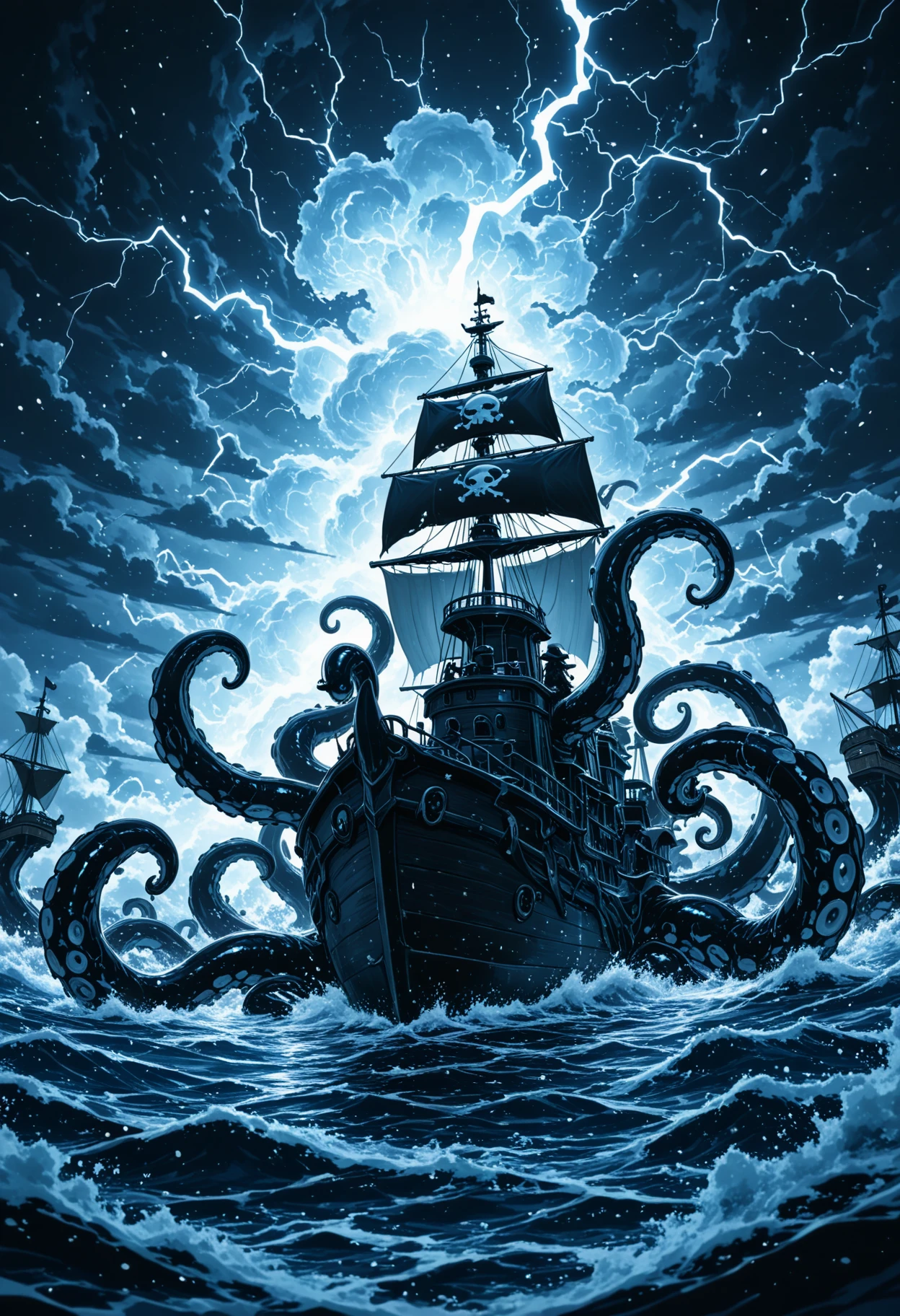 masterpiece, best quality, pirate ship, massive kraken tentacles, stormy sea, lightning strike, sailors fighting back