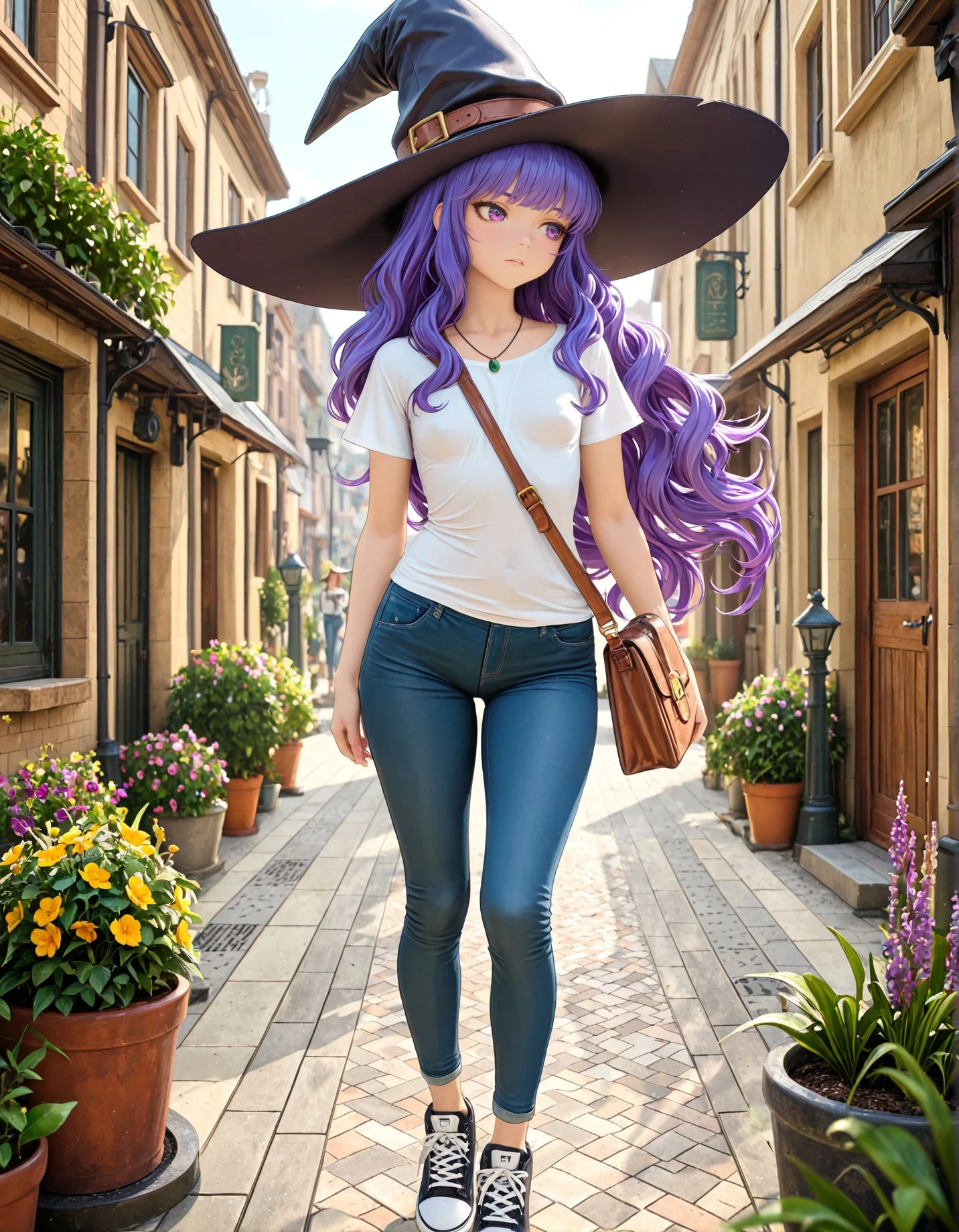 <lora:BTLeanne:0.4> btleanne, tiny , witch hat
modern city street, outdoors, white t-shirt, blue jeans, sneakers, purse, necklace,
<lora:Smooth Detailer Booster v3:0.5>, <lora:Smooth Lighting Enhancer NoobAI:1>, SmoothNoob_Quality, best quality, masterpiece, absurdres, extreme details