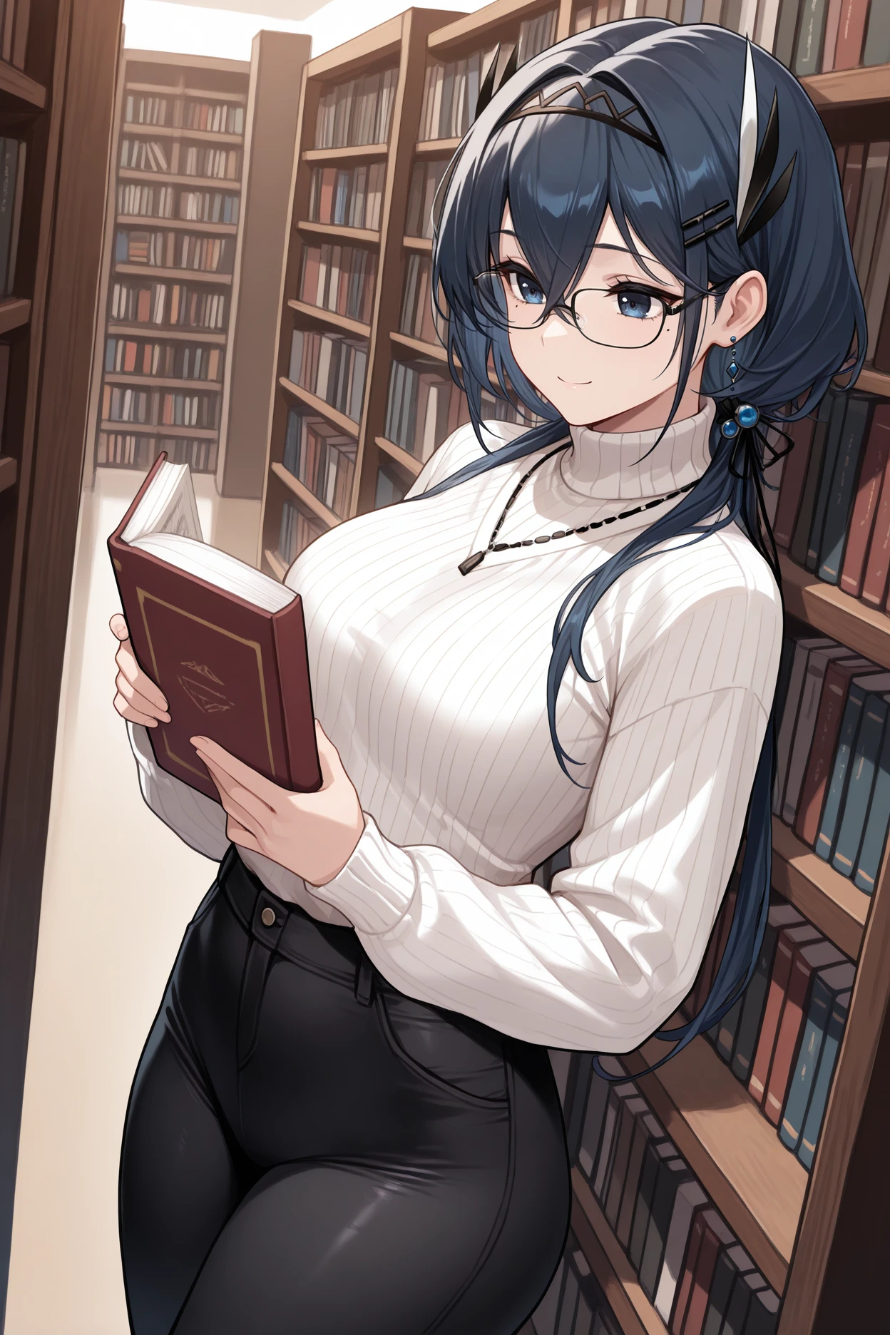masterpiece, best quality, 1girl, solo, <lora:cantabile-illu-nvwls-v1-000007:1> ctbl, dark blue hair, dark blue eyes, hair between eyes, mole under eye, long hair, hair ornament, hairband, white sweater, turtleneck, glasses, black pants, tight pants, smile, holding book, bookshelf, library