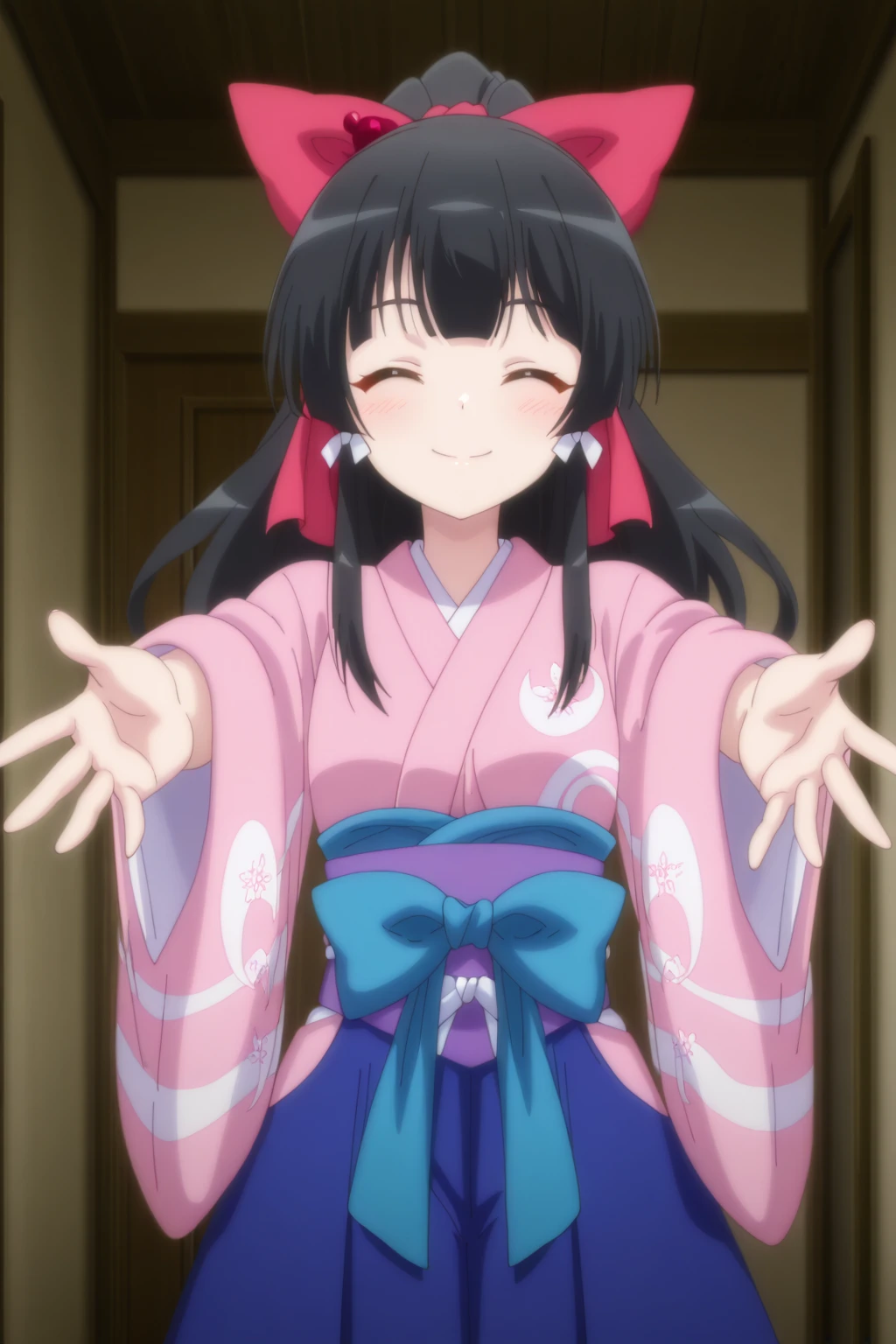 4k, ultra-detailed, absurdres, high resolution, beautiful lighting, cinematic composition, sharp focus, newest, (masterpiece:1.3), (best quality:1.3), (anime screencap:1.5),
highly detailed shading, soft shading, glossy skin, realistic proportions, petite, smiling,
cowboy shot,
front view, standing, looking at viewer,
indoor, bedroom, soft lighting, blurred background,
<lora:susamix010-pony:0.6> (anime coloring),  <lora:Yae_Kokonoe__Isekai_Smartphone:1>yaedefault, closed eyes,, (medium breasts), <lora:incoming-hug-ponyxl-lora-nochekaiser:1> incoming hug, looking at viewer, reaching, reacing towards viewer, outstretched arms