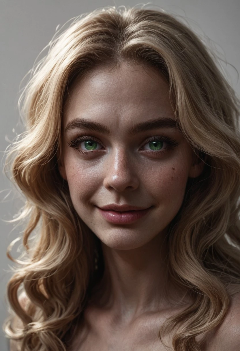 score_9, score_8_up, score_7_up, BREAK 1girl, close-up, portrait, captivating gaze, emerald green eyes, long wavy blonde hair, smooth and flawless porcelain skin, symmetrical features, soft blush on cheeks, small and well-defined nose, full and glossy pink lips, slightly parted, long eyelashes, arched eyebrows, delicate jawline, subtle and natural makeup, charming and inviting smile, realistic lighting, high detail, simple background