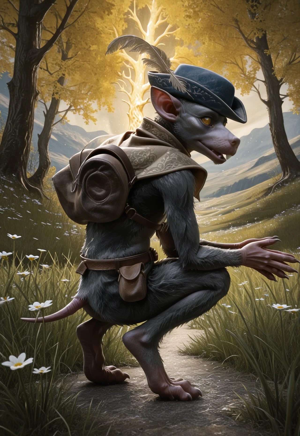 solo, 1boy, male focus, boc_eldenring, yellow sclera, yellow eyes, buck teeth, fang, pointy ears, body fur, grey fur, masterpiece, highres, ultra-detailed, absurdres, photorealistic, 3d, amazing quality, best quality, newest, blue hat, hat feather, capelet, high collar, full body, belt, pouch, bottomless, no penis, short tail, rat tail, looking back, parted lips, own hands together, elbow tuft, backpack, bag, slouching, squatting, patterned clothes, finger claws, toe claws, digitigrade, sharp fingernails, from behind, 
BREAK 
detailed background, scenery elden_ring, nature, bloom, light particles, grass, flowers, atmospheric perspective, perfect lighting, backlighting, hill, bloom, glowing tree