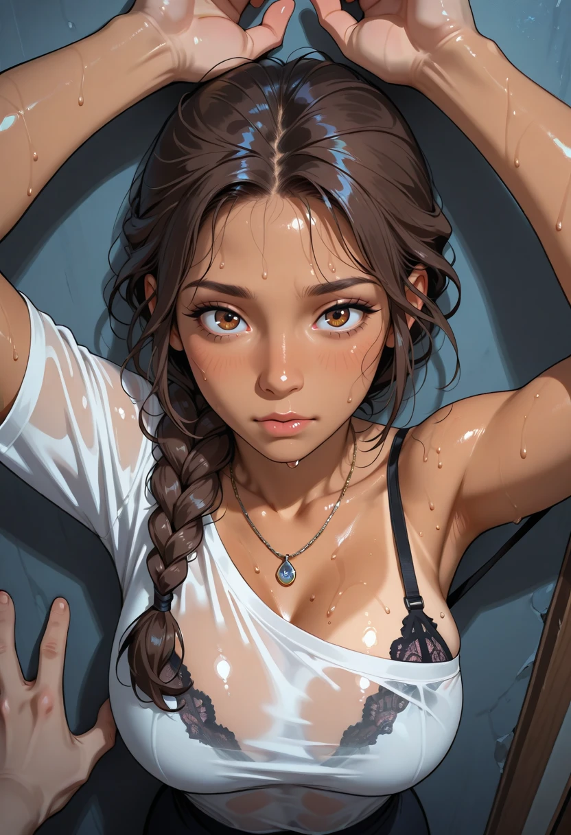 girl, tan skin, bra peak, necklace, brown eyes, tight see through shirt, off shoulder, large breasts, braided hair, Sweaty skin, Detailed hair strands, Toned body, Highlights in hair, Detailed lustful eyes, Detailed iris, bedroom, hallways, pinned against wall, hands pinned above head, hands above head, from above, mouth slightly open, close up, at night, night, moonlight, shadows, dark, kabedon, pov hand (bra visible through clothes:0.75) looking at viewer,,