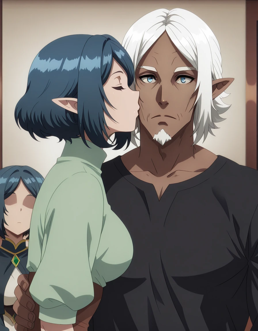 masterpiece, best quality, amazing quality,, <lora:no664-s1-illustriousxl-lora-nochekaiser:1>, no664, short hair, blue eyes, blue hair, pointy ears, elf, mature female, medium breasts, anime screencap, <lora:judas-kiss-illustriousxl-lora-nochekaiser:1>, judas kiss, hetero, parody, kiss, kissing cheek, looking at viewer, upper body, expressionless, closed eyes, facing another, <lora:fourth-raikage-illustriousxl-lora-nochekaiser:0.8>, fourth raikage, 1boy, white hair, hetero, dark skin, facial hair, dark-skinned male, manly, muscular, faceless, faceless male, no eyes,,