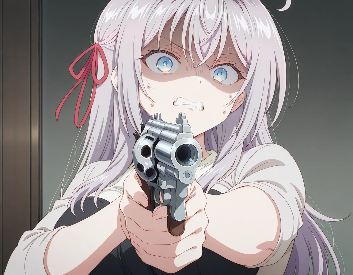 masterpiece, best quality, amazing quality,, <lora:alisa-mikhailovna-kujou-s1-illustriousxl-lora-nochekaiser:1>, alisa mikhailovna kujou, long hair, bangs, blue eyes, hair ribbon, ahoge, grey hair, red ribbon, mature female, breasts, anime screencap, <lora:misa-guido-okay-narancia-illustriousxl-lora-nochekaiser:1>, misa guido okay narancia, solo, looking at viewer, holding, weapon, holding weapon, gun, parody, holding gun, handgun, aiming, nervous, teeth, shaded face, clenched teeth, revolver,, , ,