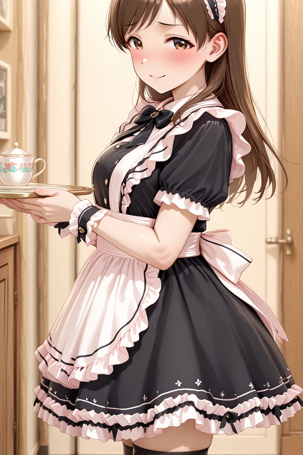 masterpiece, best quality, amazing quality, 1girl, solo, makeup, general, cowboy shot, looking at viewer, blush, smile, office, indoors, from side, little angry, holding tray, teacup, fancy, blush, lovely, looking at viewer, <lora:Nitta_Minami_Cinderella:1>, Nitta_Minami_Cinderella, long hair, brown hair, brown eyes, breasts, <lora:Cute_Bow_Ruffles_Apron_French_Maid_Dress:1>, Cute_Bow_Ruffles_Apron_French_Maid_Dress, dress, bow, ribbon, short sleeves, frills, bowtie, black dress, apron, maid, black bow, frilled dress, maid apron, frilled apron, black bowtie, maid headdress, wrist cuffs, thighhighs, <lora:wai-2Rectified-V140:1>, <lora:illustrious_noobai_epsilon_pred_1_masterpieces_v1:1>