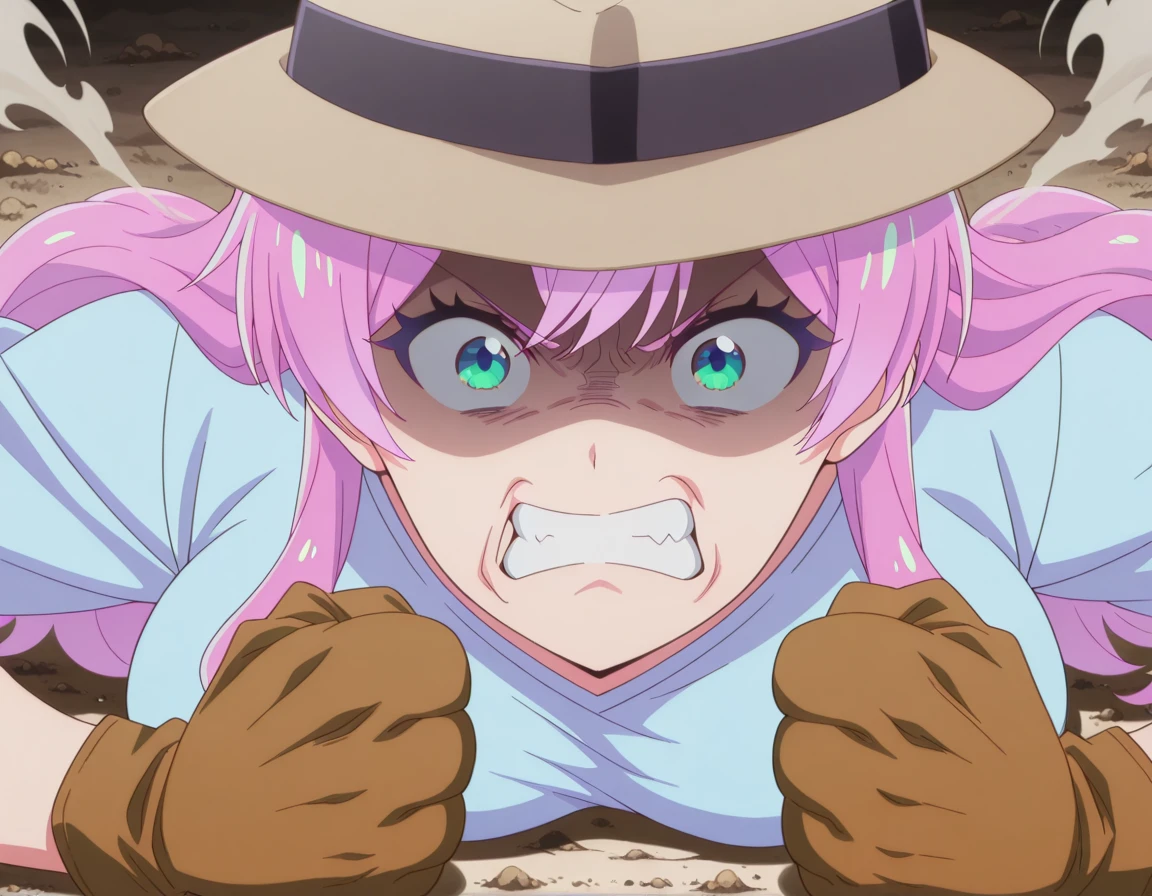 masterpiece, best quality, amazing quality,, <lora:akari-watanabe-s1-illustriousxl-lora-nochekaiser:1>, akari watanabe, long hair, pink hair, multicolored hair, aqua eyes, mature female, breasts, anime screencap,, <lora:joseph-joestar-son-of-a-bitch-illustriousxl-lora-nochekaiser:1>, joseph joestar son of a bitch, solo, gloves, hat, teeth, clenched teeth, meme, shaded face, angry, clenched fists, fedora, on floor, dirt, steam,, , ,