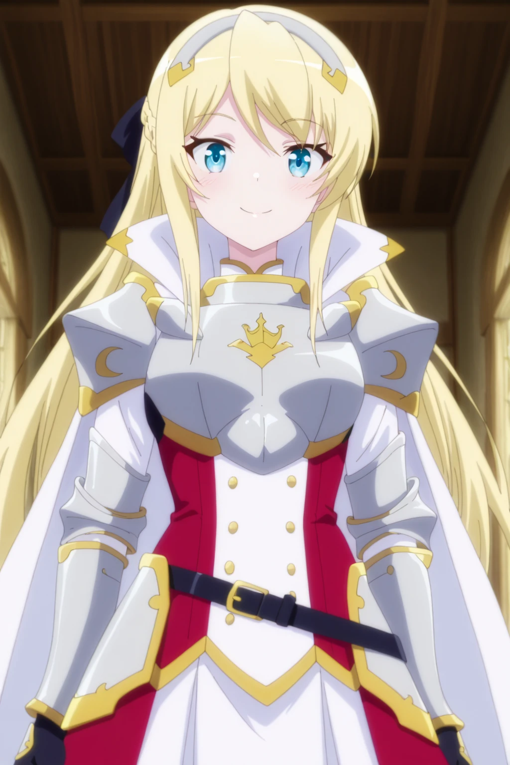 4k, ultra-detailed, absurdres, high resolution, beautiful lighting, cinematic composition, sharp focus, newest, (masterpiece:1.3), (best quality:1.3), (anime screencap:1.5),
highly detailed shading, soft shading, glossy skin, realistic proportions, petite, smiling,
cowboy shot,
front view, standing, looking at viewer,
indoor, bedroom, soft lighting, blurred background,
<lora:susamix010-pony:0.6> (anime coloring), <lora:Hildegard_Minas_Lestia__Isekai_Smartphone:1> hildegardminaslestia, armor, (medium breasts)