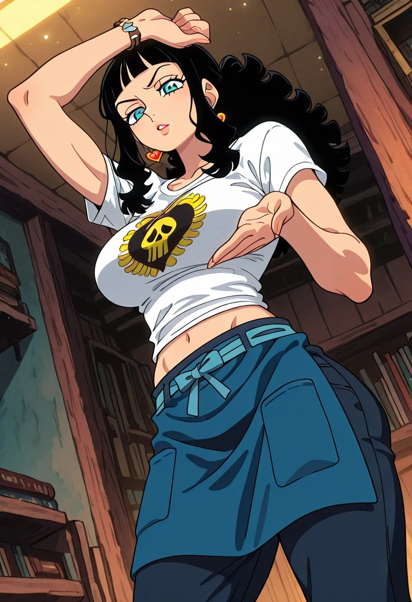 BookstorePartTimerOP, 1girl, solo, black hair, long hair, blunt bangs, blue eyes, lips, heart earrings, makeup, jewelry, large breast, thick thighs, white shirt, print shirt, navel, midriff, groin, blue apron, pants, dark blue pants, bracelet, belt, short sleeves,
masterpiece, best quality, fine details, intricate details, depth of field, subsurface scattering, bokeh, ultra-detailed, very aesthetic, detailed background, newest, scenery, highres, absurdres, colorful, vibrant, glowing, perfect face, 2d, perfect eyes, vibrant saturated colors, volumetric lighting, sharp, detailed eyes, perfect anatomy, perfect face, perfect eyes, mature body, clear eyes, beautiful eyes, athletic, curvy body, athletic girl, perky tits, perfect tits, round breasts, pinup pose, teasing, lustful expression, perfect hands,
muscular female, dutch angle, dynamic pose,
,Smooth Negative, Smooth_Quality,
dark_fantasy_style, dark fantasy, retro,