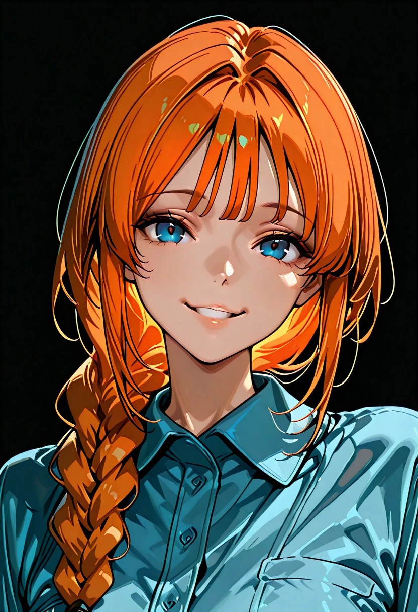 masterpiece, best quality, absurdres, very aesthetic, Mythr1lKN, 1girl, solo, smile, braid, black background, shirt, orange hair, blue eyes, looking at viewer, blue shirt, simple background, long hair, hair over shoulder, bangs, upper body, collared shirt, single braid, parted lips, hair intakes, grin, , braided ponytail