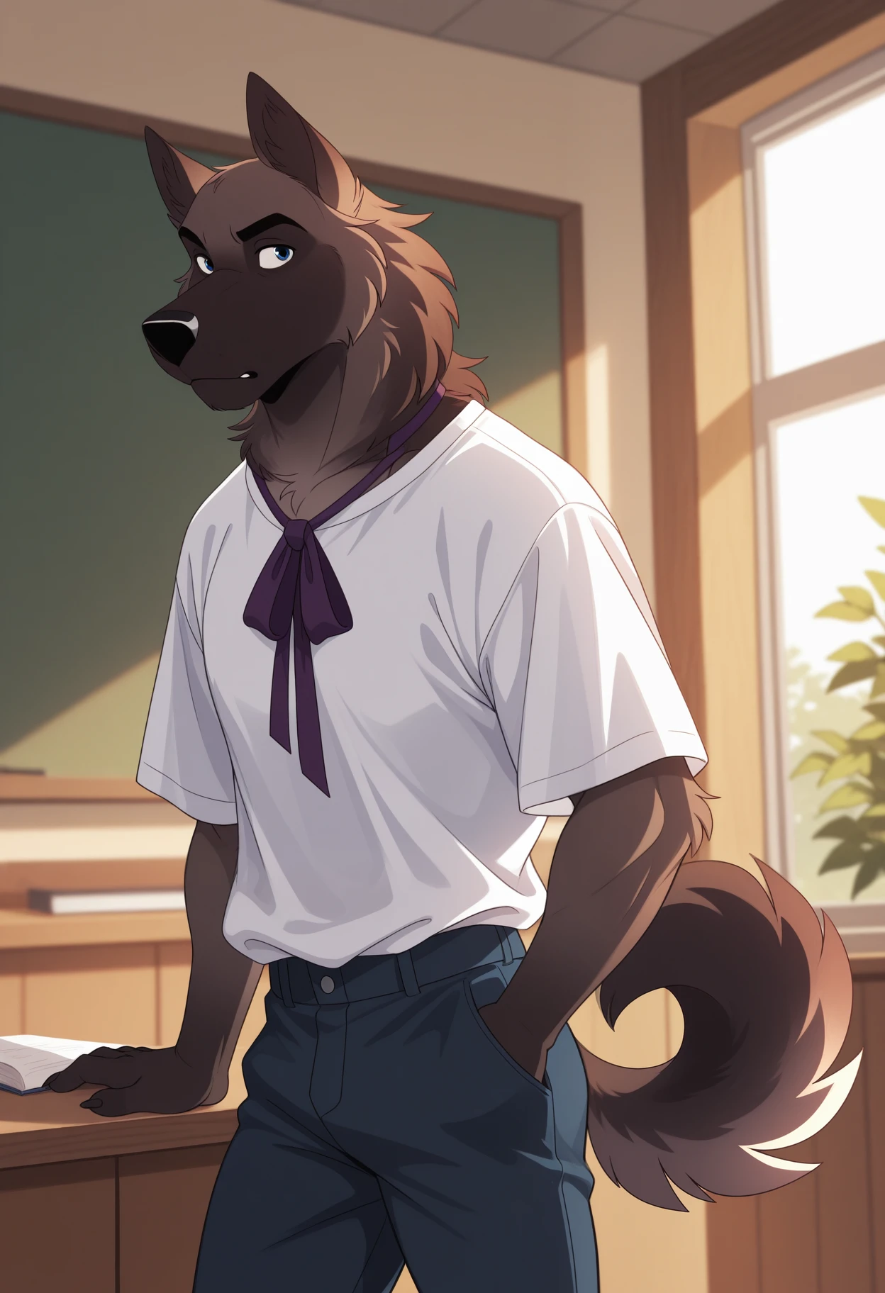 masterpiece,best quality,amazing quality, 1boy, solo, b4lt4z4r, anthro dog, multicolored fur, blue eyes, purple neck ribbon, big shirt, pants,