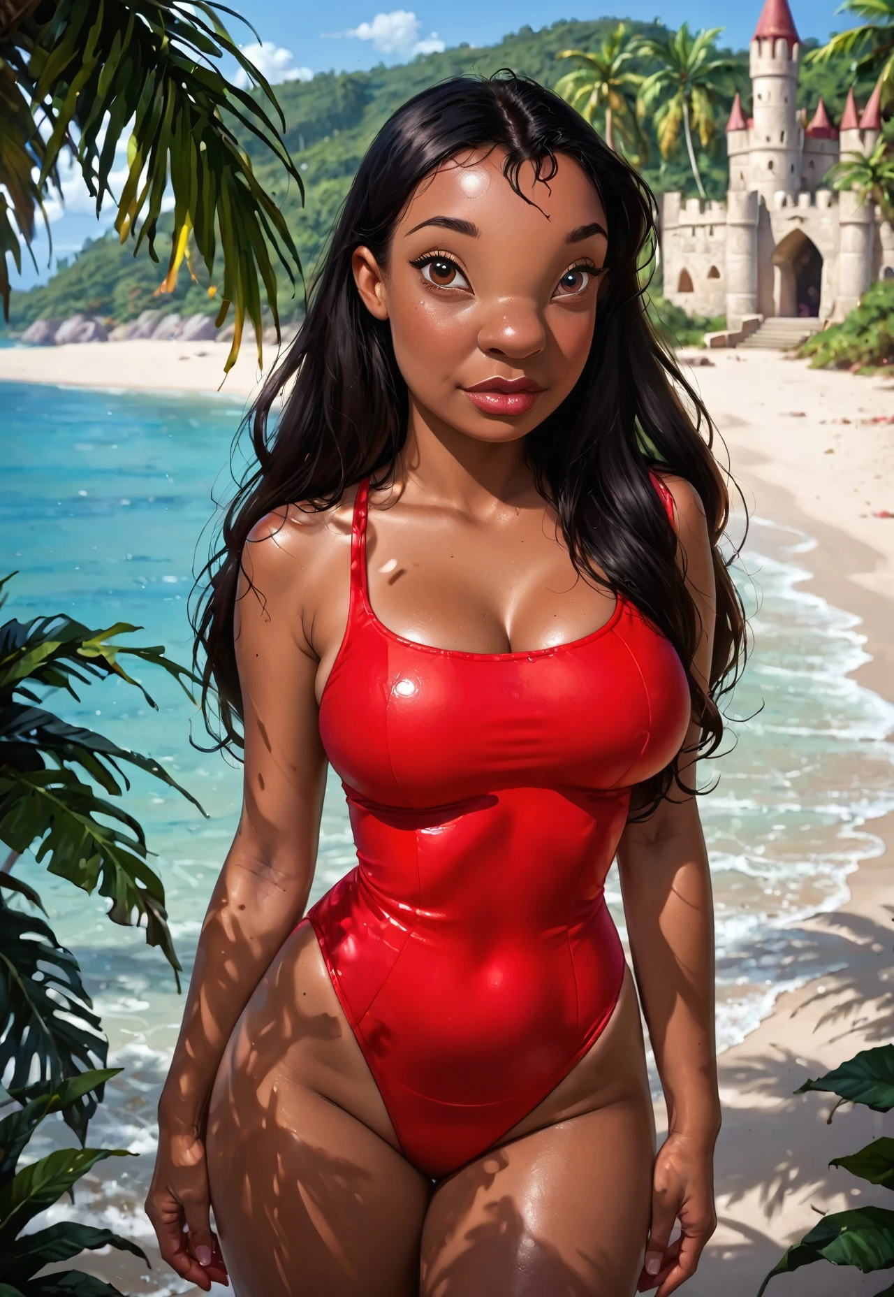 best quality, (masterpiece:1.2), detailed, medieval,
1girl, solo Nani Pelekai, \(Lilo & Stitch\), brown eyes, black hair, long hair, dark skin, large breasts, narrow waist, wide hips, hourglass body,
swimsuit, red one-piece swimsuit,,
standing, from angle, looking at the viewer,
outdoors, castle, beach, tropical, coconut trees,