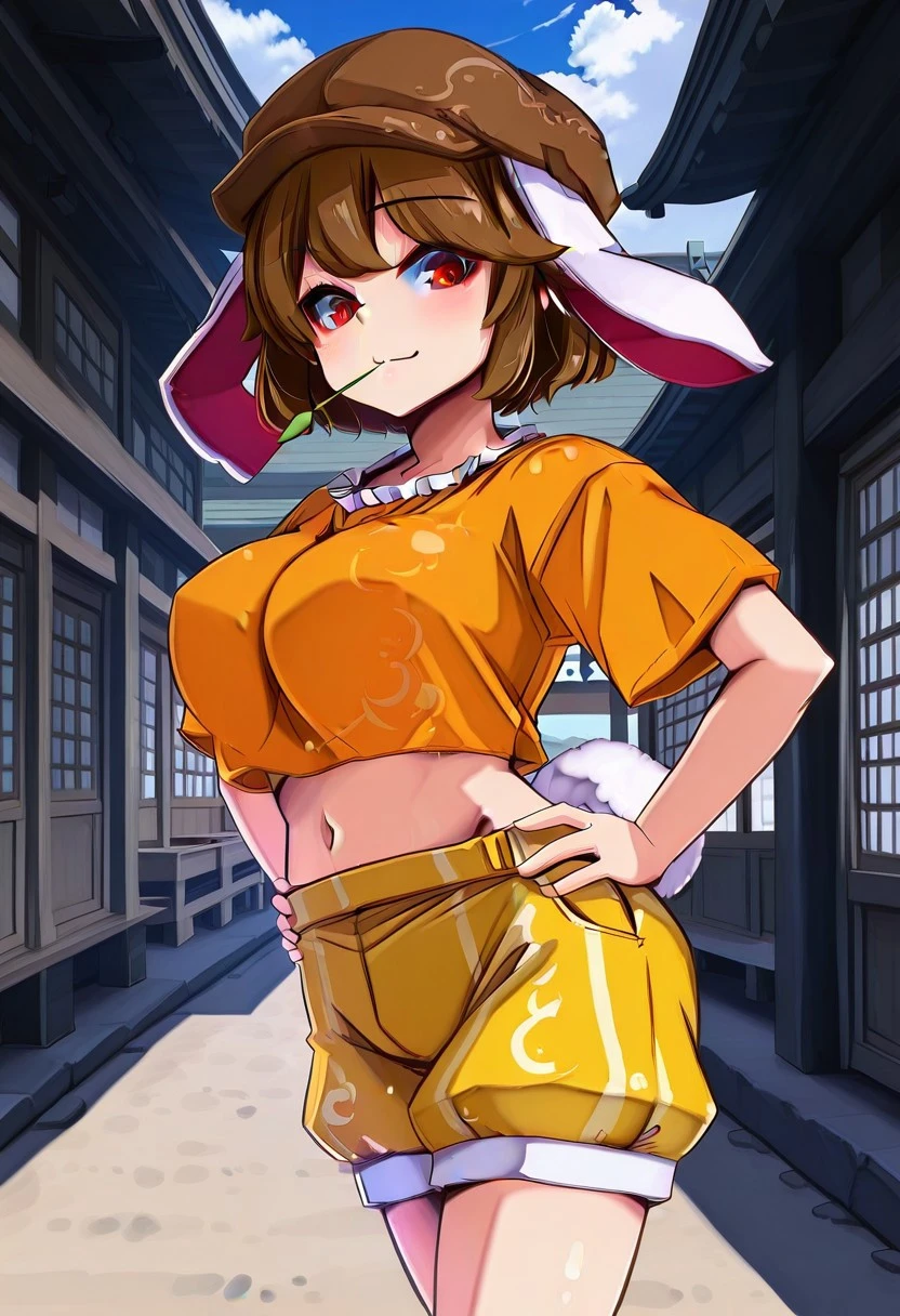yukito style, ((Japanese village)), day time, ((large breasts)), looking at viewer, standing, posing, soft smile, ringo, 1girl, solo, red eyes, brown hair, short hair, rabbit ears, floppy ears, rabbit tail, brown hat, newsboy cap, orange shirt, arms on hips, short sleeves, midriff, yellow shorts, stalk in mouth