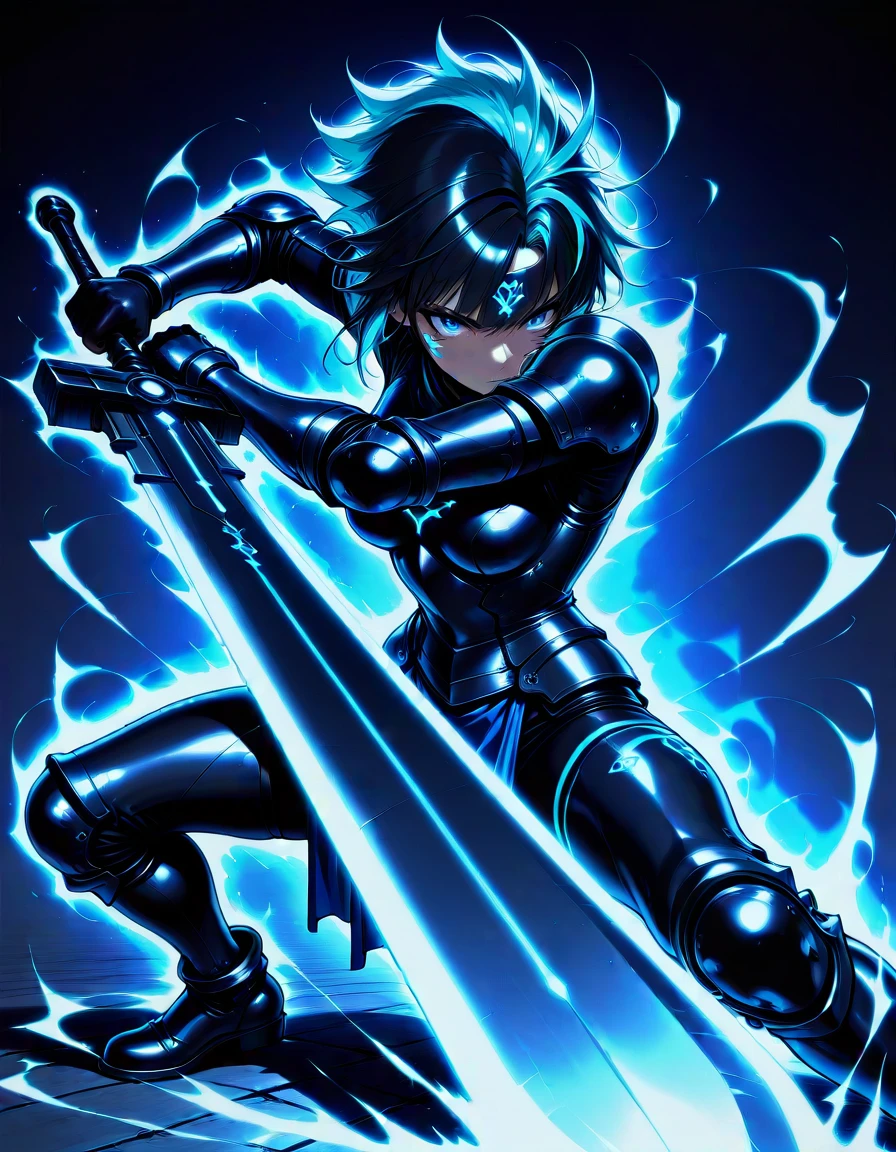 masterpiece, best_quality, very_aesthetic, highres, absurdres, ultra detailed,
 <lora:negXL:0.5>
 <lora:KIRAKIRA_IL_MIX_V04:1.4>  kirakira, glowing,aura 
1girl, fighting stance, holding weapon,  holding buster sword,   
Mohawk with Fiber Optic Spikes - Electric Blue
(Couters),An armor made of elbow armor