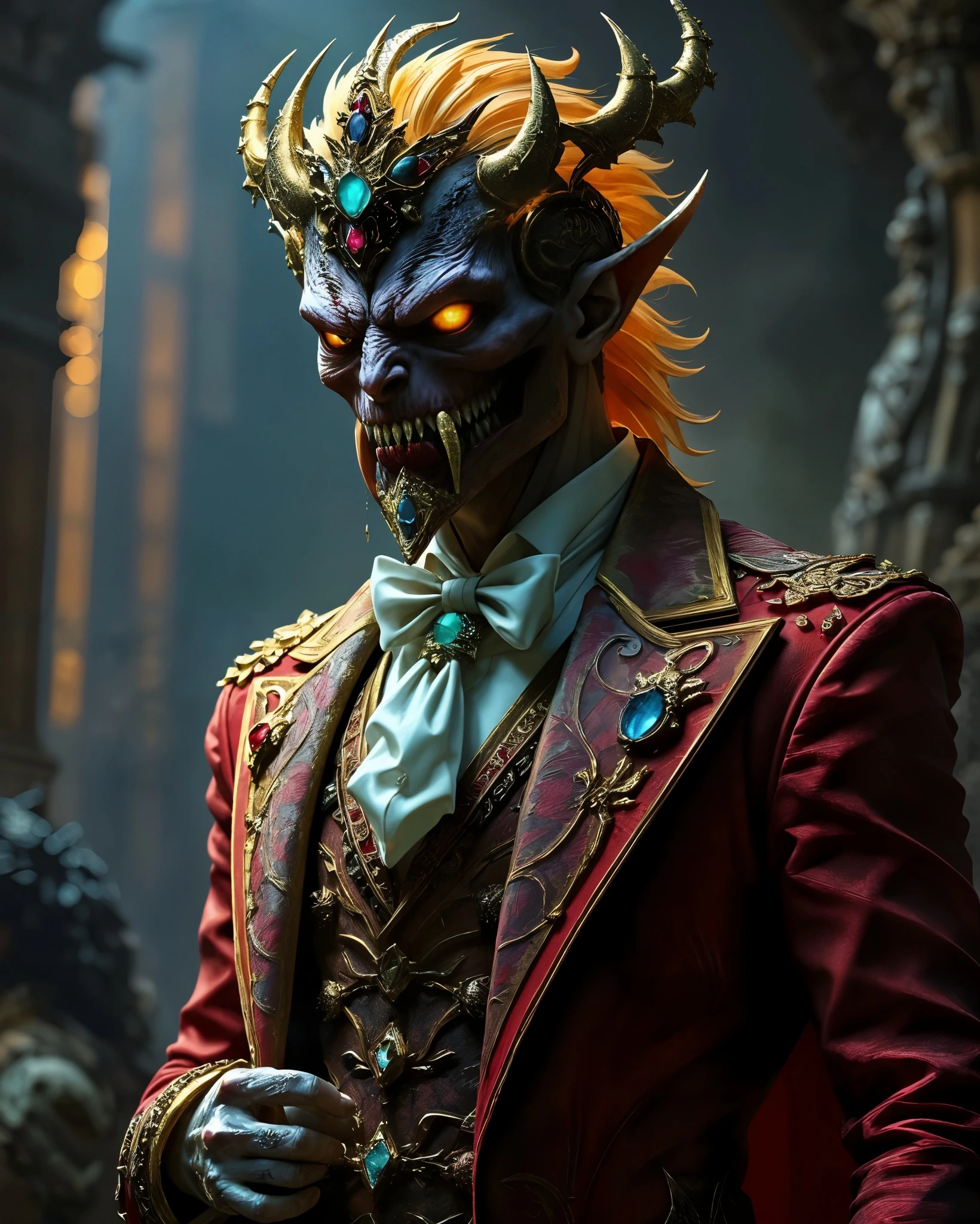 A menacing figure stands confidently, wearing an ornate red jacket adorned with gold embellishments and mounted gemstones. The character has a fearsome, horned head with orange hair and glowing yellow eyes, showcasing sharp teeth and a fierce expression. Accessories include a white bow tie and intricate detailing on the outfit, set against a dark, atmospheric background with soft light filtering through. The overall impression conveys a blend of elegance and dark fantasy.