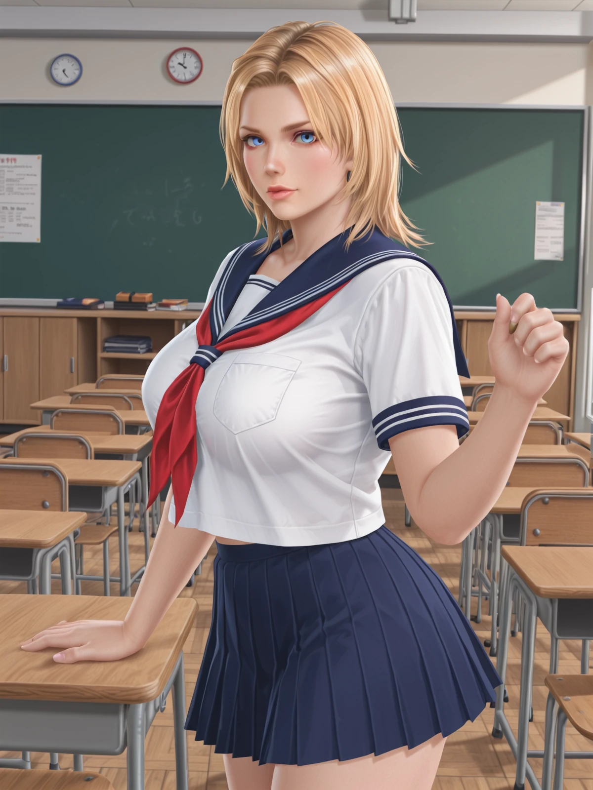 tina armstrong \(doax vv\),blonde hair,blue eyes,lips,large breasts,cowboy shot,serafuku,classroom,