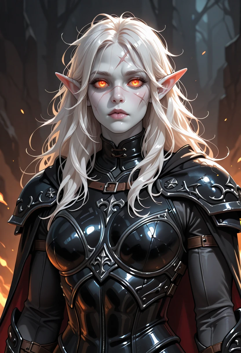 1girl, pale, white skin, colored skin, pale skin, soft lips, glossy lips, elf, pointy ears, detailed eyes, glowing eyes, muscular woman, armor, cape, leather armor, scar, scars on face, white hair, long hair, messy hair, black armor, black leather,,