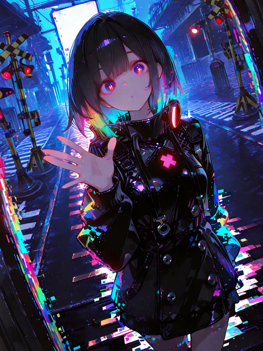 1girl, street lights, tilt dutch angle, fisheye-lens, (glitchy digital noise), waving hand, (multicolor glitch,glitch,neon), overly detailed pupils, glowing, simple background, dark road, chromatic aberration, railroad crossing, distorted,
masterpiece, good quality, very aesthetic, absurdres, newest,