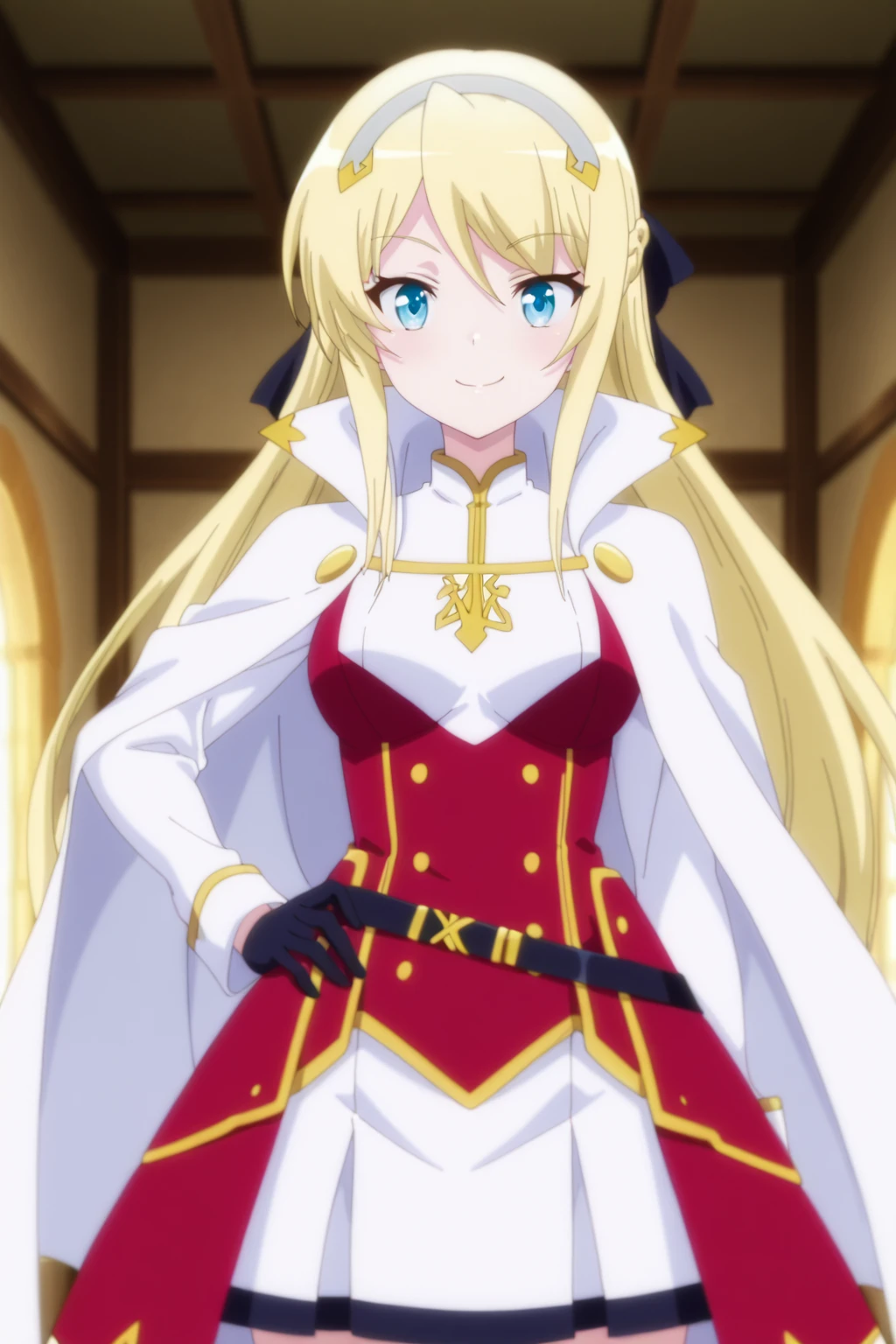 4k, ultra-detailed, absurdres, high resolution, beautiful lighting, cinematic composition, sharp focus, newest, (masterpiece:1.3), (best quality:1.3), (anime screencap:1.5),
highly detailed shading, soft shading, glossy skin, realistic proportions, petite, smiling,
cowboy shot,
front view, standing, looking at viewer,
indoor, bedroom, soft lighting, blurred background,
<lora:susamix010-pony:0.6> (anime coloring), <lora:Hildegard_Minas_Lestia__Isekai_Smartphone:1> hildegardminaslestia, hand on own hip, hip sway, (medium breasts)