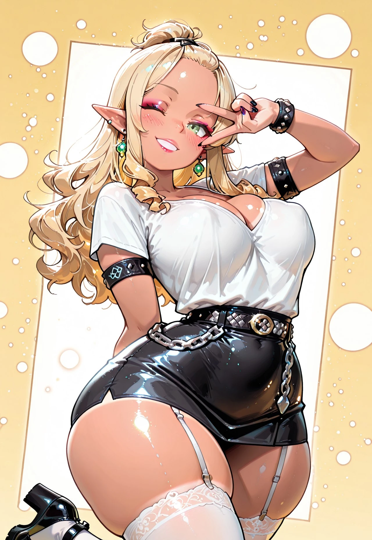 Sexy elf girls wearing (big diaper), busty, (big breasts), wide hips, (latex), stockings, fishnets, corsets, (hypnotized expression), ((hypnotic)), ((magical)), (blushing), ((embarrassed expression)), pleasure, ((orgasmic)), smiling, colorful, stage, stage lights, brick wall, (magic fog)