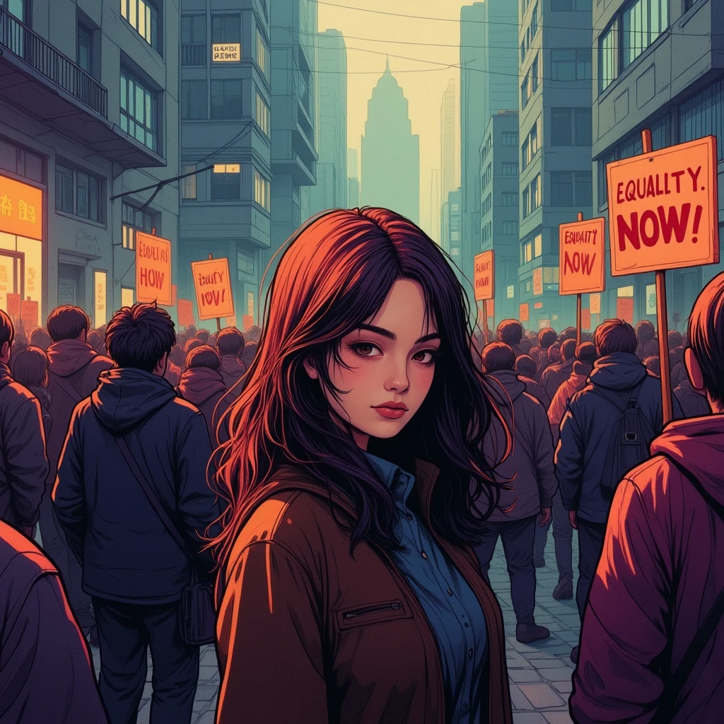 An atmospheric painting.
A street protest. Signs read: "Equality. NOW!" Closeup of a woman with a sign.
neomngaCE_style