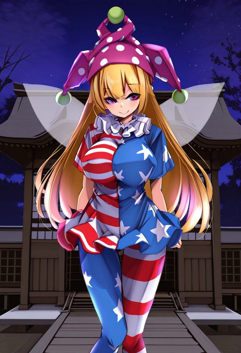 yukito style, ((outside)), ((Japanese shrine)), ((night)), ((large breasts)), looking at viewer, standing, posing, smirk, clownpiece, 1girl, solo, pink eyes, blonde hair, long hair, fairy wings, jester cap, polka dot, inverted american flag legwear, american flag dress, star print, pantyhose, striped clothes
